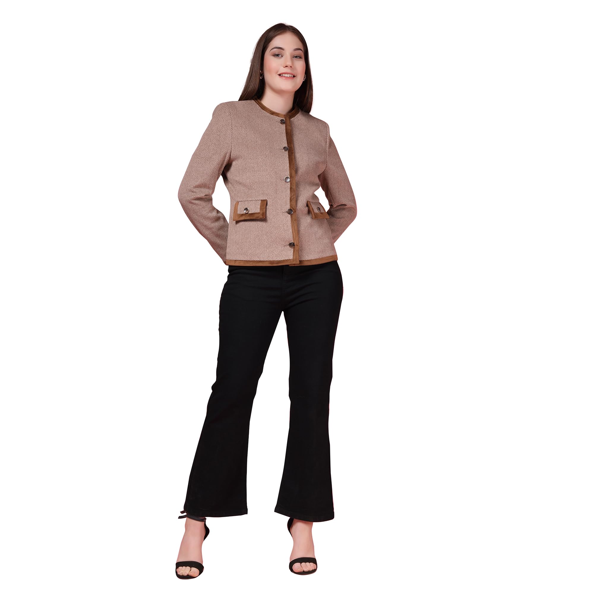 Self Design Round Neck Pea Coats Brown-image-0