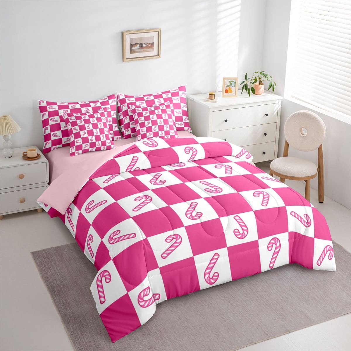 Erosebridal Christmas Candy Cane Queen Comforter Set for Kids Teens Adults - Pink White Plaid Checkered Bed in a Bag Christmas Ornaments 7-Piece Bedding Set Cute Candy Cane Quilt Duvet Sets