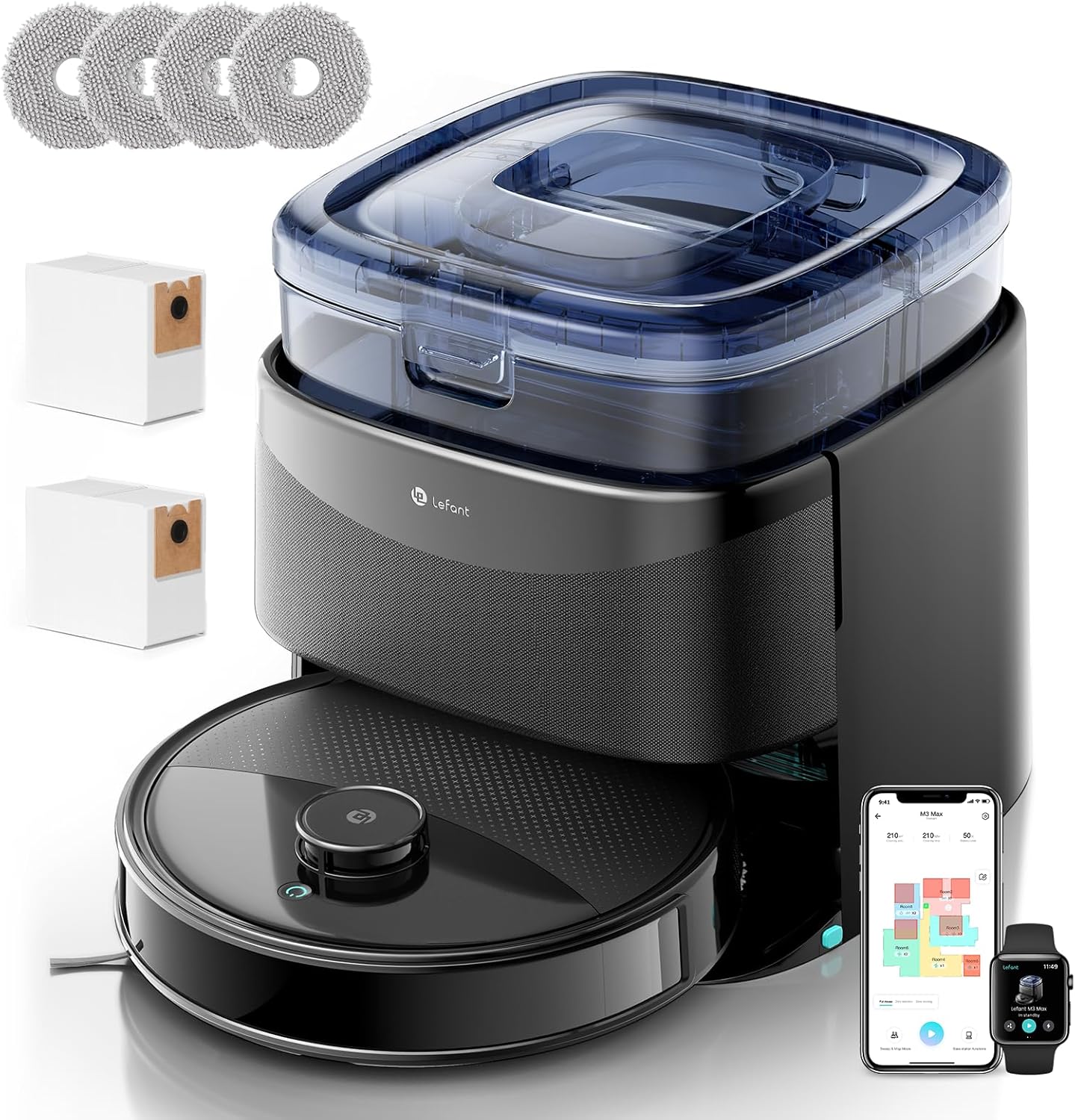 LEFANT M3 Robot Aspirapolvere Lavapavimenti con Mappatura, 12000Pa, LiDAR dToF, Ostacoli PSD, Mop Rotanti con Lavaggio Mop a 45°C e Asciugatura, Autosvuotante 3,2L, App Alexa WiFi 2.4G/5G, Nero