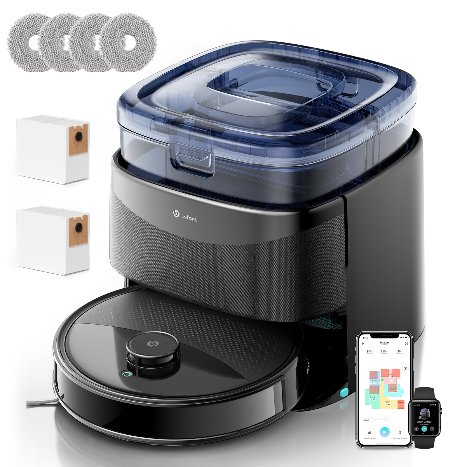 LEFANT M3Max Robot Aspirapolvere Lavapavimenti con Mappatura, Laser dToF, Evitamento PSD, 20000Pa, 3.2L Auto Svuotamento, Stazione All in One, Lavaggio Mop 45°C e Asciugatura, WiFi 2.4G 5G, Alexa App