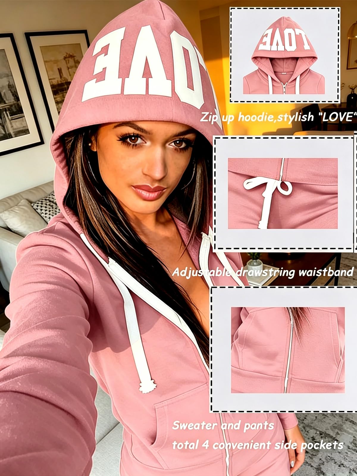 TUVEKE Chándal de 2 piezas para mujer, sudadera con capucha y cremallera para otoño, manga larga, casual, tallas S a 2XL