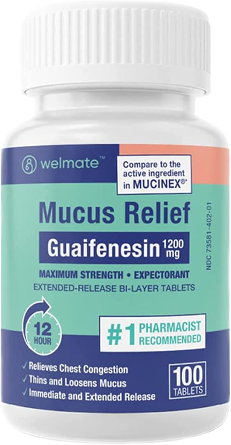 WELMATE - Maximum Strength Mucus Relief DM (98 Servings) - 1200mg Guaifenesin + 60mg Dextromethorphan HBr - 12-Hour Expectorant, Cough Relief - 98 Extended-Release Tablets