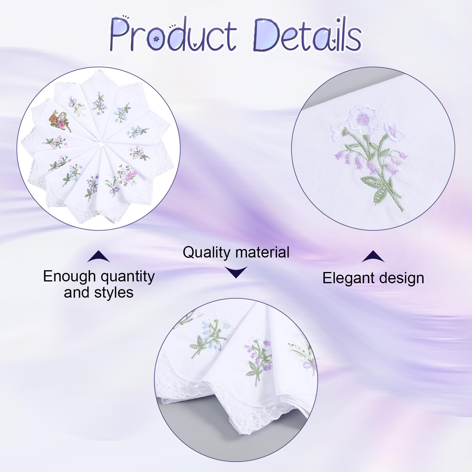Lot de 12 mouchoirs pour femme en coton doux à motif floral avec dentelle à un coin, réutilisables et lavables pour fête de mariage, usage quotidien