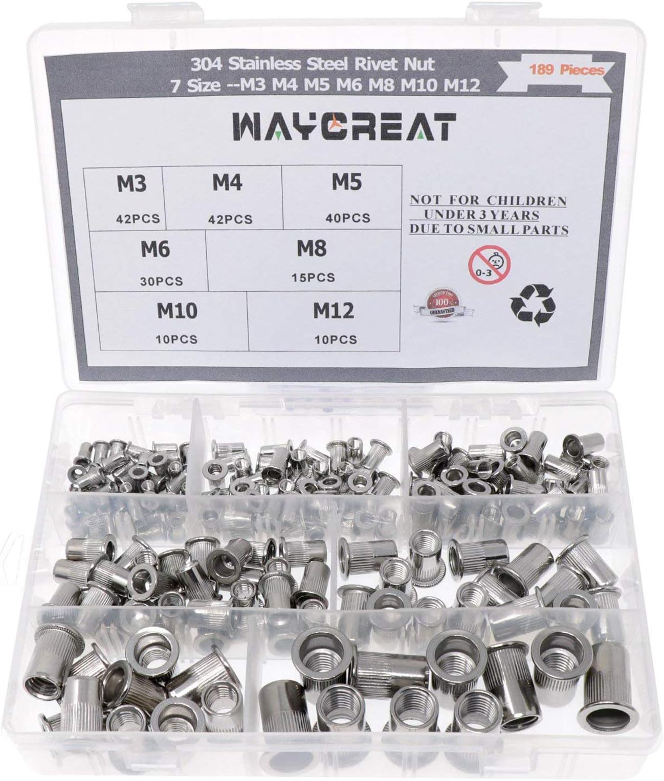 WaycreatStainless Steel Rivet Nut, Threaded Rivetnut Insert Nutsert M3 M4 M5 M6 M8 M10 M12 Assortment Kit, 189-Pack