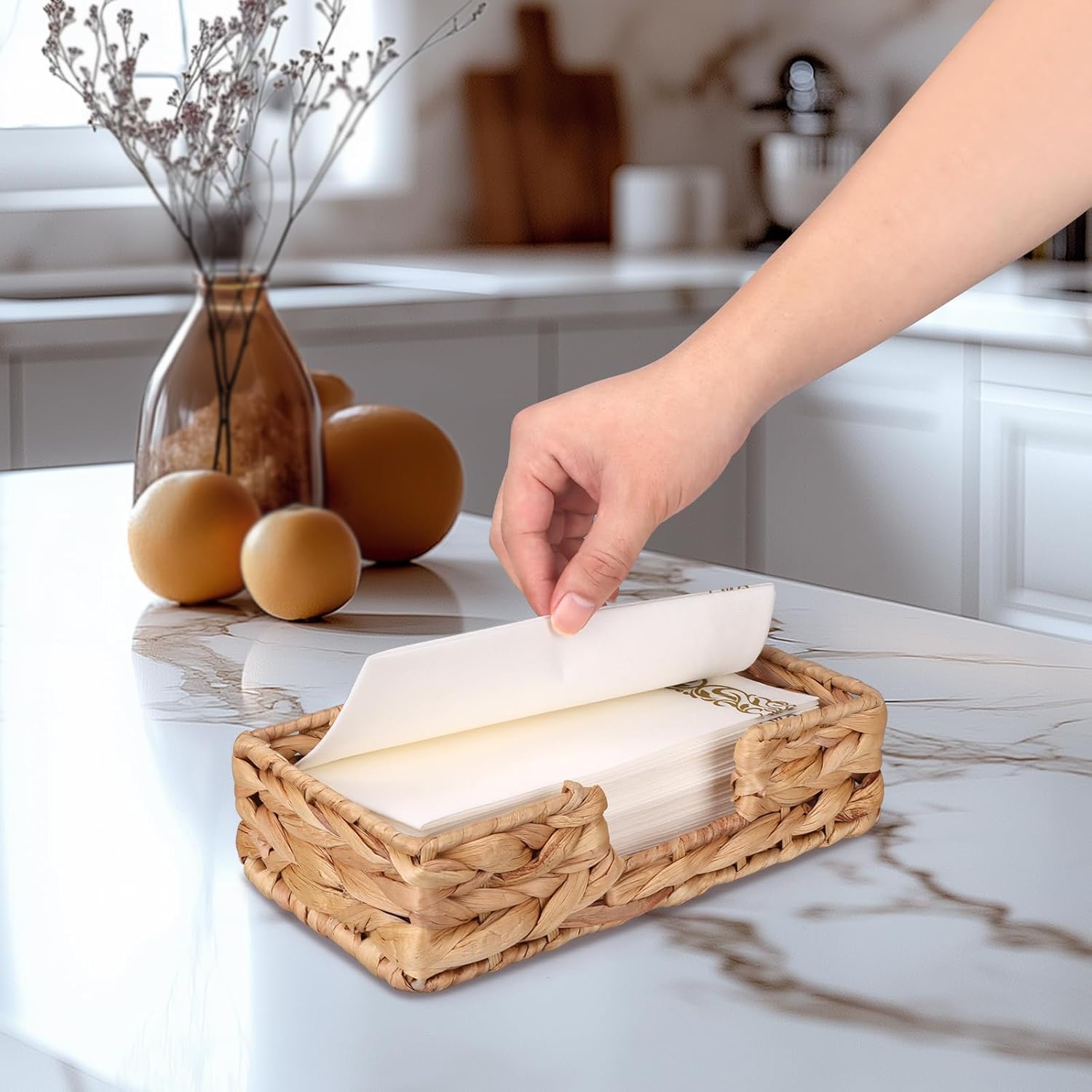 Farmhouse Napkin Holder Water Hyacinth Guest Towel Holder Disposable Paper Hand Towel Holder for Bathroom Accessories Dinner Napkin Holder for Table Kitchen Home Party Rustic Towel Tray Napkin Basket - Image 6