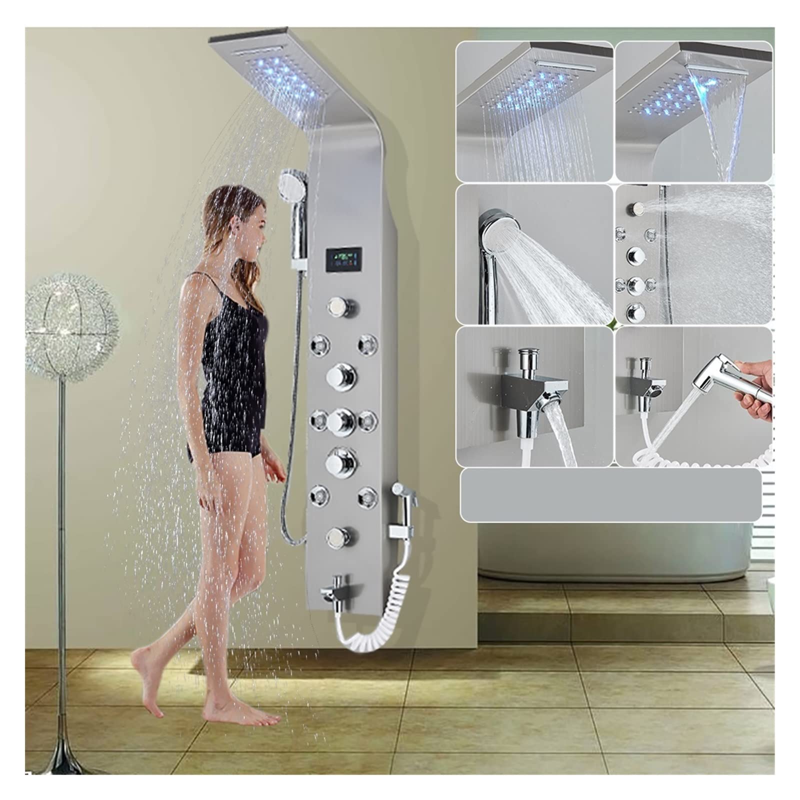 Soywim 8009 Brushed Niclel Shower System, Black Led Shower Panel Six Functions Waterfall Bathroom Faucet Spa Massage Jet Tub Mixer Sprayer(8009 Brushed Niclel)