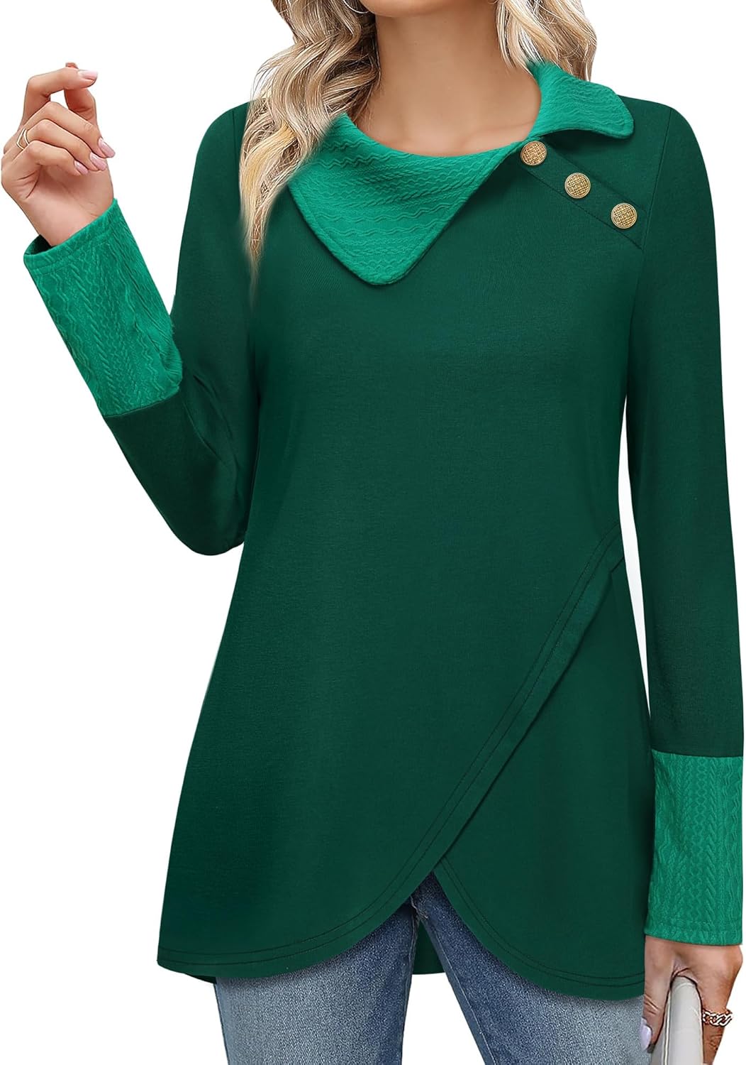 Bebonnie Women's Long Sleeve Lapel Neck Lightweight Sweatshirt Pullover Tunic Tops with Buttons