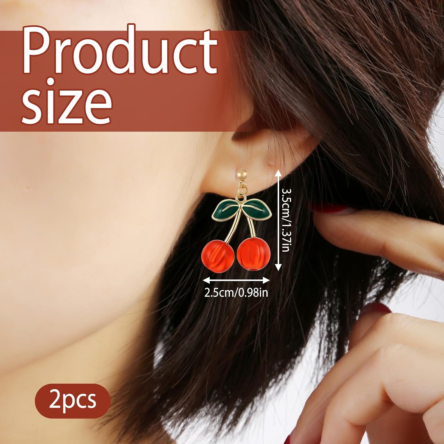 3D Cherry Earrings for Women, Gold Plated Sweet Cute Cherry Earring Accessories, Creative Light Weight Fruits Tassel Dangle Drop Green Leaf Earrings for Women - Image 2