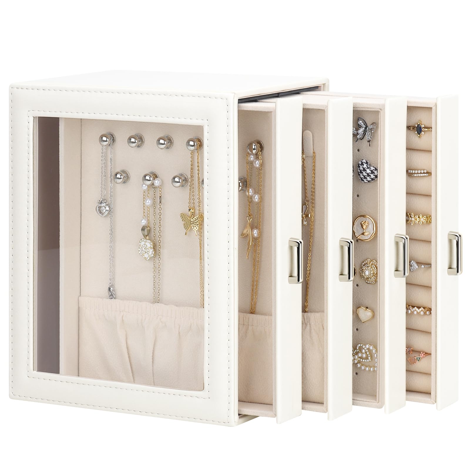 DesignSter Schmuckkästchen, Schmuckschatulle für Damen, PU Schmuckbox mit 4 Seitlichen Schubladen, Schmuckaufbewahrung für Ohrringe, Halsketten, Ringe, Armbänder, Uhren, Beige