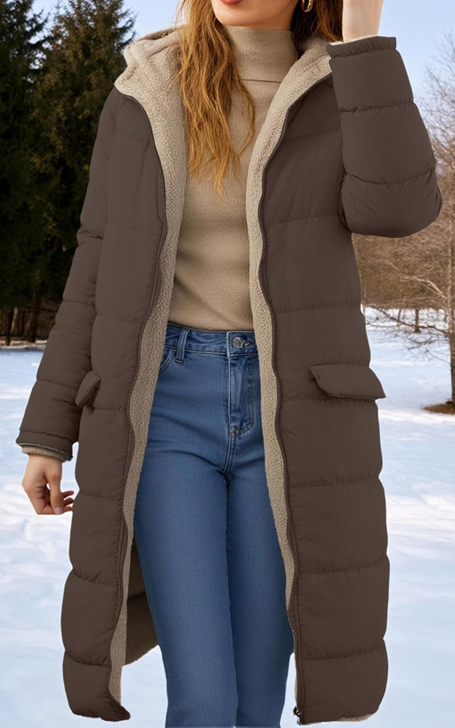 ECOWISH Women Winter Puffer Jacket - Reversible Fur Fleece Lined Hood Zip Sherpa Coat Parka Padded Long Outerwear - Image 3