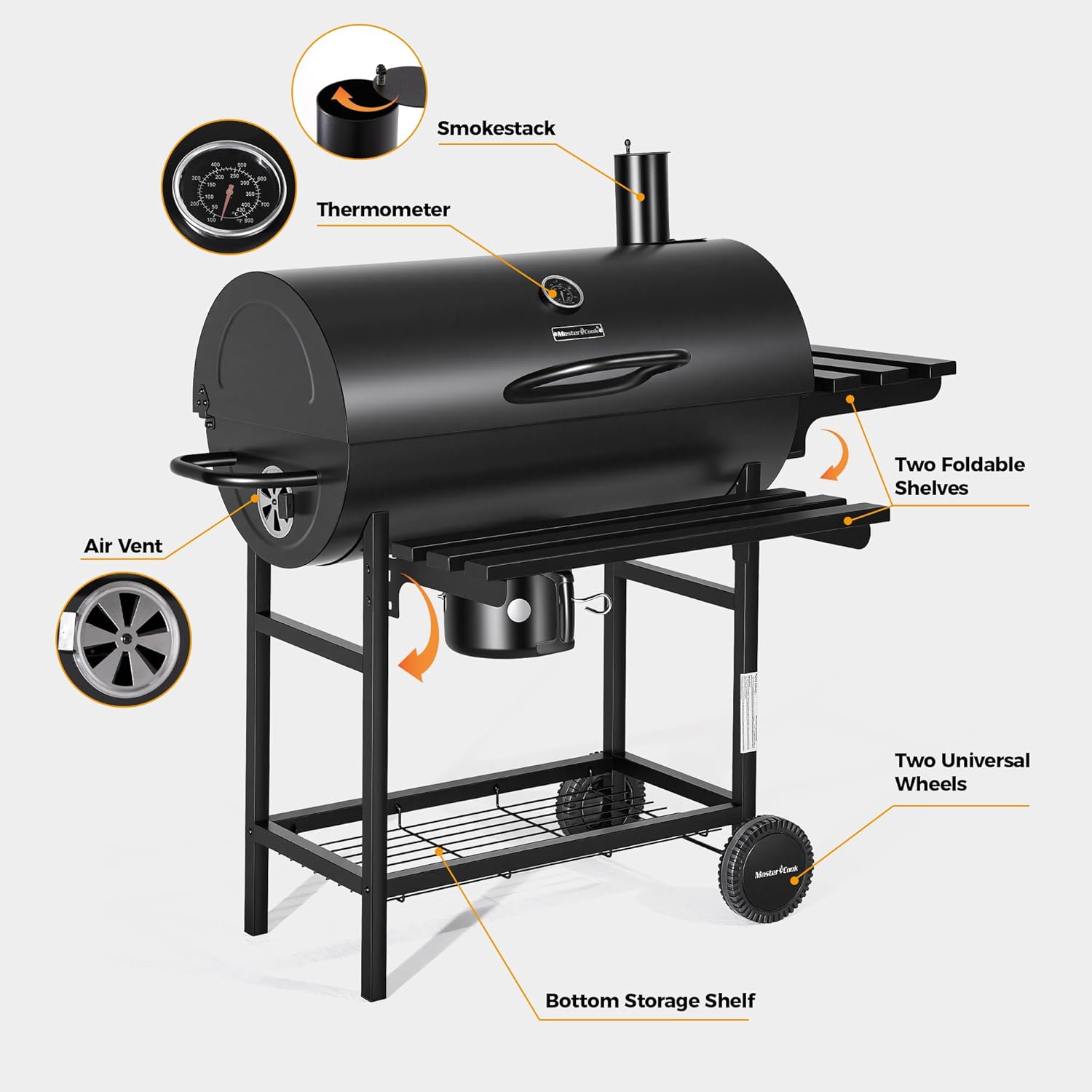 MASTER COOK Barrel Charcoal Grill with Foldable Front Shelf, 686 Sq.in. Cooking Area Outdoor bbq Grill,Thermometer and Adjustable Air Vents for Patio, Parties,Backyard, Tailgating, Black