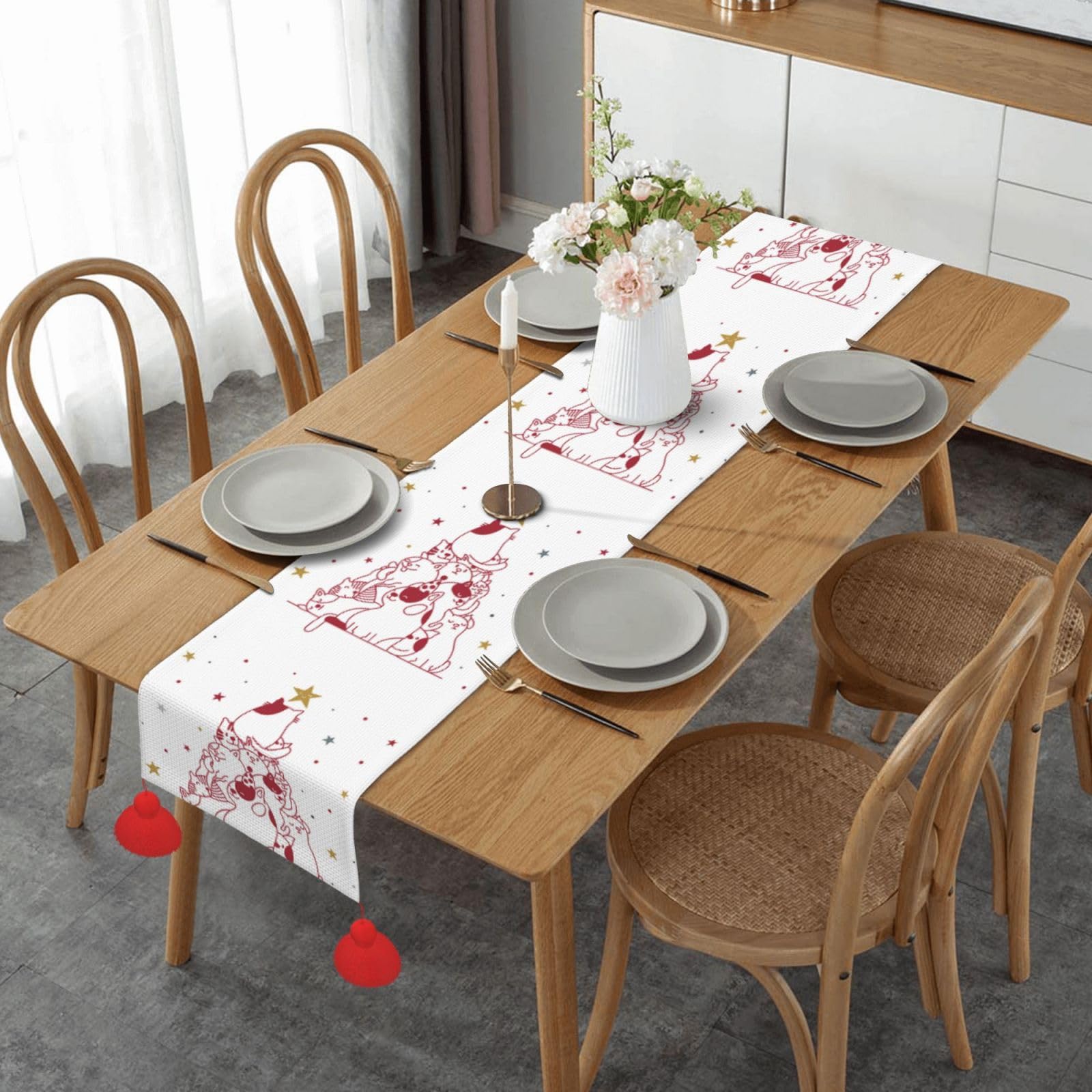 Chemin de table Noël motif chat 35x152 cm pour décoration de salle à manger