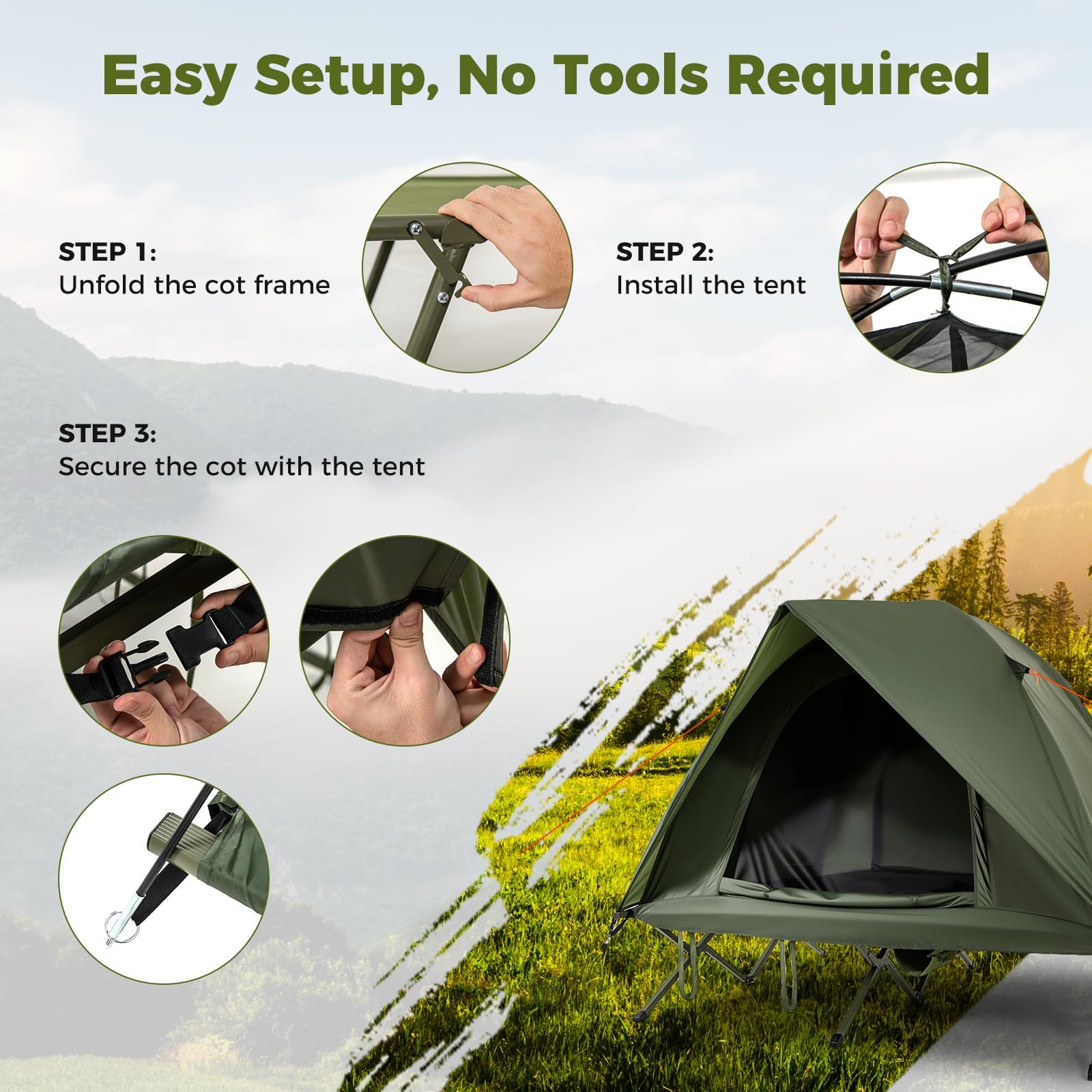 FANTASK Feldbett mit Zelt 2 Personen, Camping-Ausrüstung mit Regenschutz, 2 Netztüren, Dachfenster & Rolltasche, Outdoor-fähige Unterkunftsbett, bis 300 kg, 194 x 145 x 150 cm
