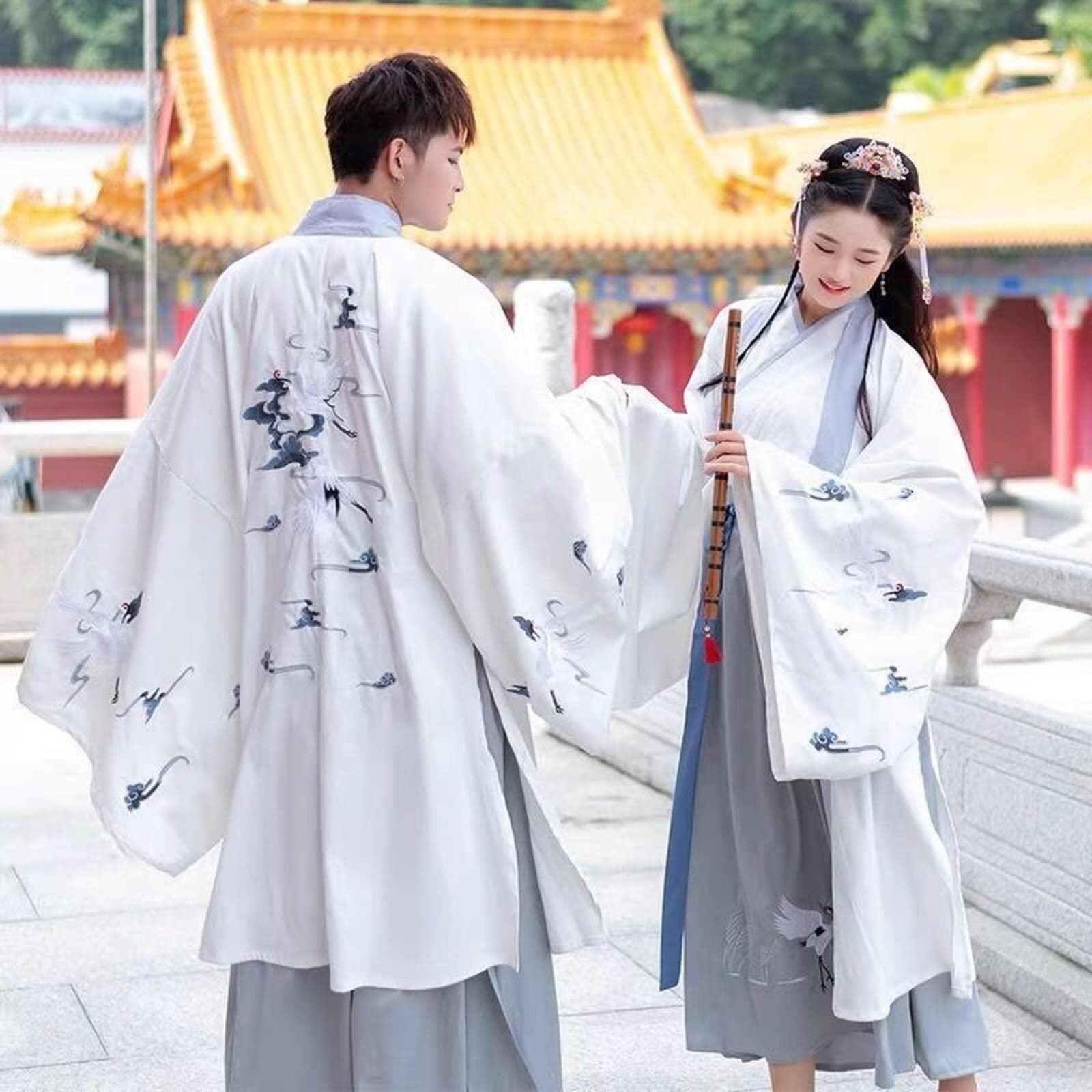 Cinese Antica Ricamo Tradizionale Hanfu Uomini & Donne Giacca Bianca Grigio Imposta Cosplay Costume Hanfu Vestito Per Le Coppie Plus Size