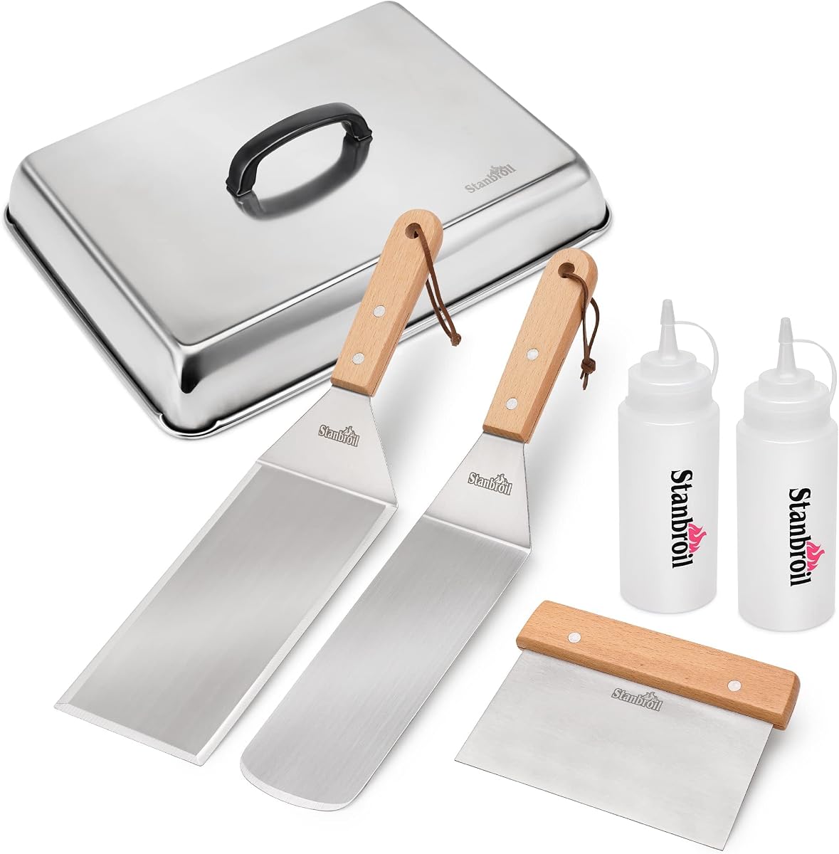Stanbroil BBQ Griddle Accessories Set of 6 for Blackstone, Camp Chef Grill | Heavy Duty Stainless Steel Scraper, Spatula, Basting Cover and Bottles Outdoor Griddle Accessories