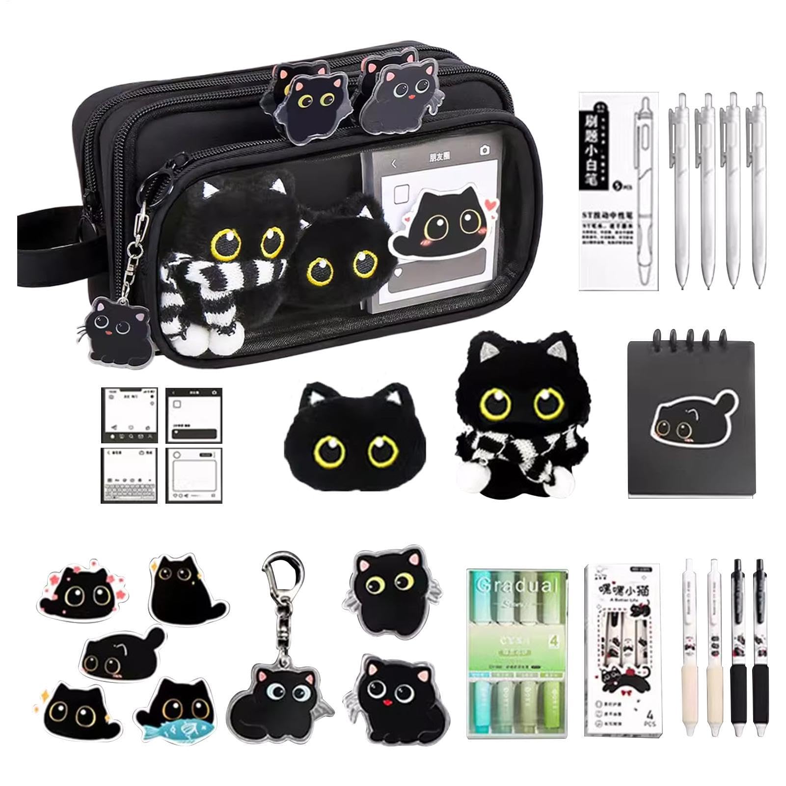 Black Cute Cat Stationery Set with Multiple Compartments for Teen Girls
