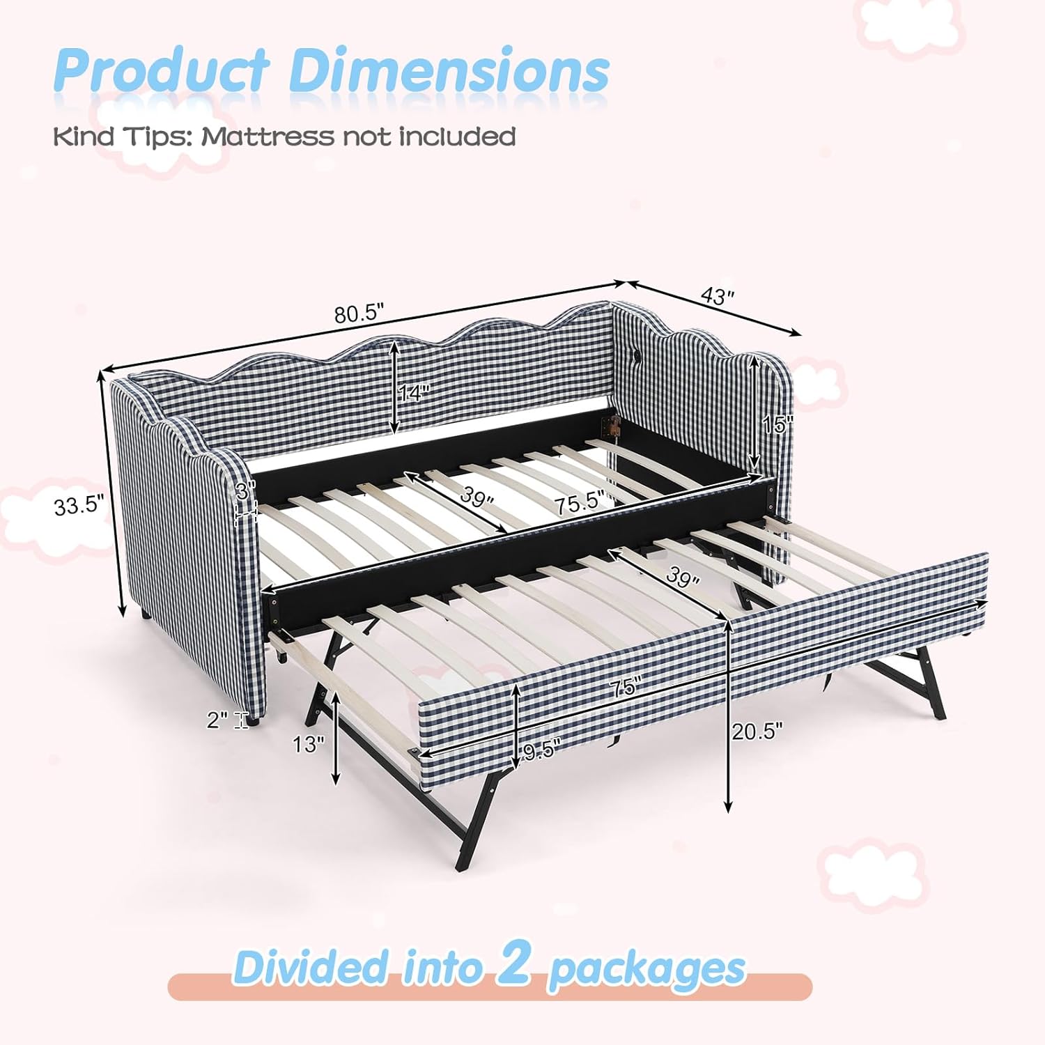 Twin Daybed with Trundle, Linen Upholstered Daybed Frame with Pop Up Trundle with USB Charging Ports, Modern Sleeper Princess Sofa Bed Frame with Wavy Look & Plaid Pattern for Bedroom Playroom, Blue