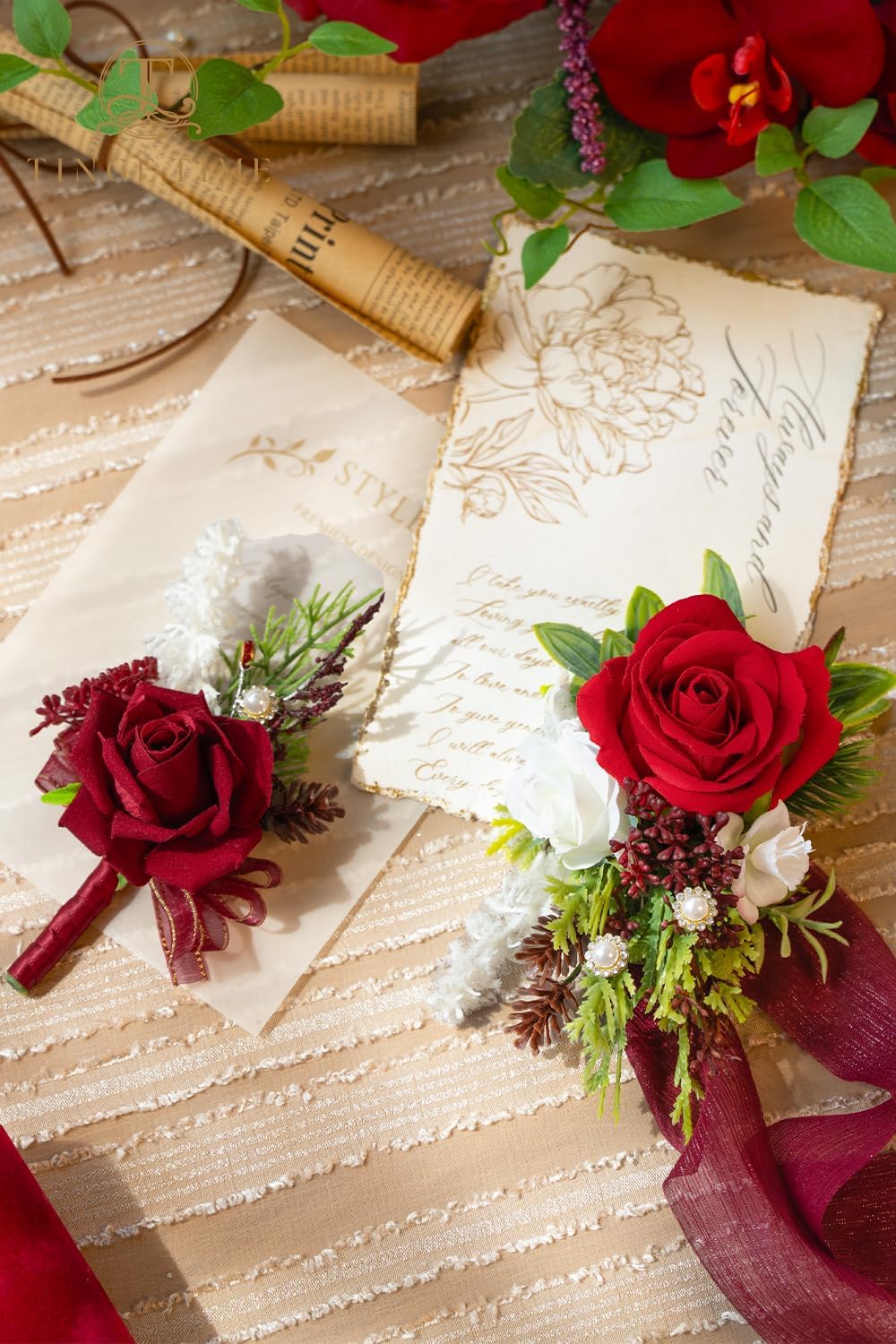 TINGE TIME Red Corsage and Boutonniere Set, Prom Flower Wrist Corsage Bracelets, Boutonniere for Men Wedding Flowers Accessories Prom Suit Decorations - Image 5