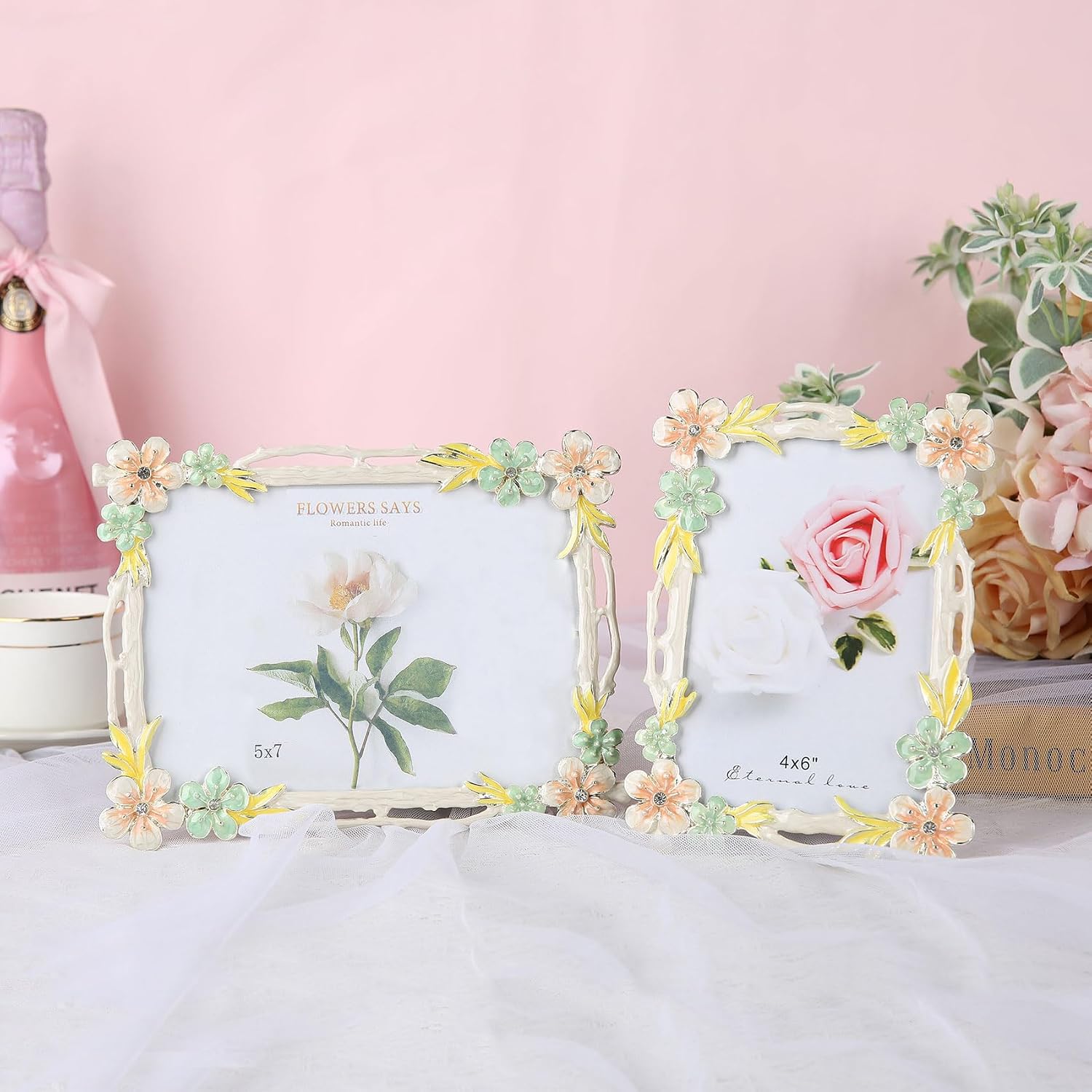 5x7 Picture Frame Enamel Floral Design Metal Photo Frame with HD Glass, Tabletop or Wall Home Art Decoration, Creative Gifts Ideas for Flower Lovers, Horizontall & Verticall