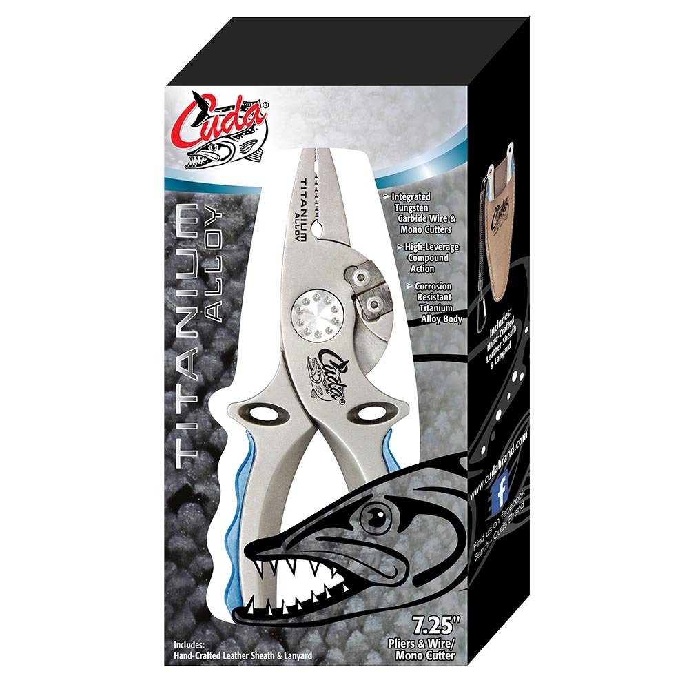 Cuda 7.25-Inch Titanium Alloy Fishing Pliers with Integrated Tungsten Carbide Wire Cutters and Leather Sheath, Blue, (18848)