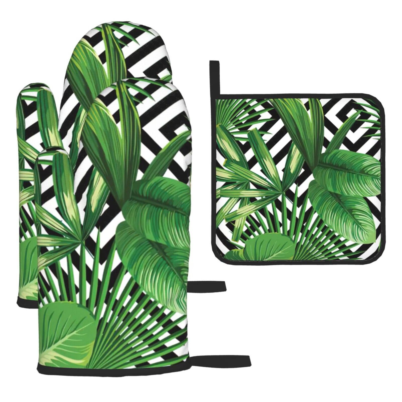Tropical Leaves Print Oven Kitchen Gloves For Baking Outdoor Grilling Home Use Mitts Microwaving Bbq