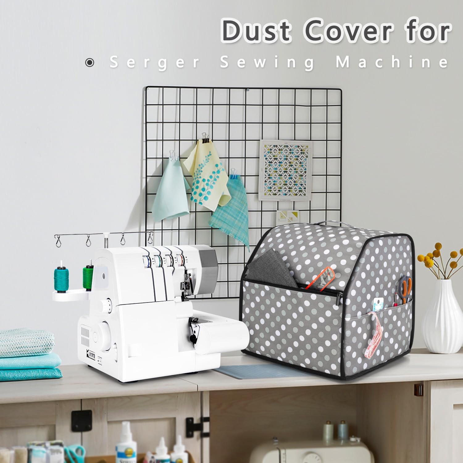 LUXJA Serger Cover with Storage Pockets for Most Standard Overlock Machines (Compatible with Singer and Brother), Gray Dots