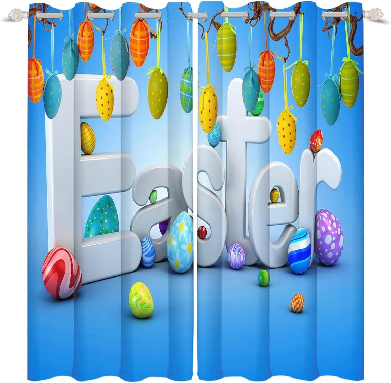 Happy Easter Blackout Curtain, Spring Eggs 3D Printed Window Drapes, 2 Panels Darkening Thermal Insulated Curtain Top Grommet for Bedroom Living Room Windows(54" Wx39 L)