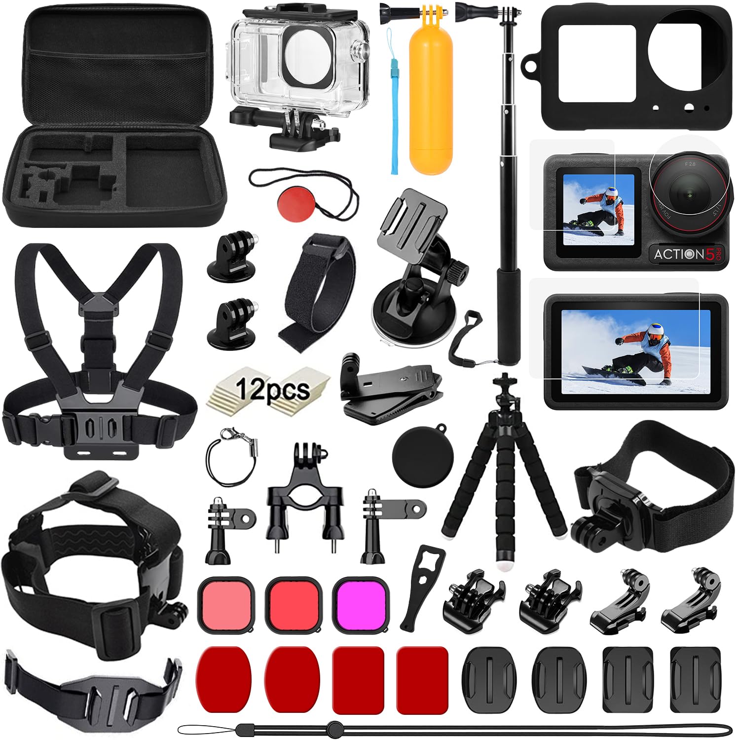 oGoDeal Kit d'accessoires pour DJI Osmo Action 5 Pro/4/3, étui de Protection étanche avec Tuba Accessoires de vélo Barre à Selfie Sangle de tête pour DJI Osmo