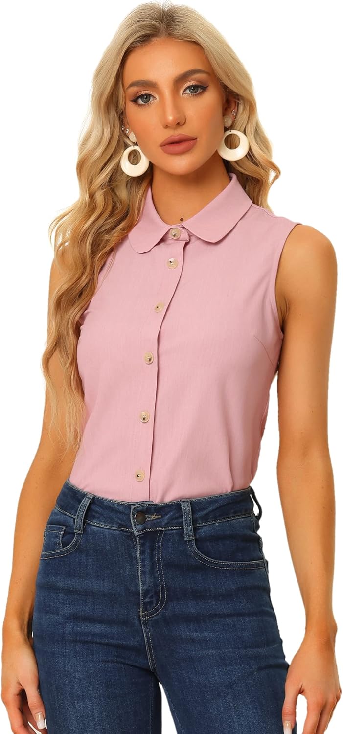Allegra K Peter Pan Collar Chambray Blouse Shirt for Women's Casual Sleeveless Button Down Tank Top