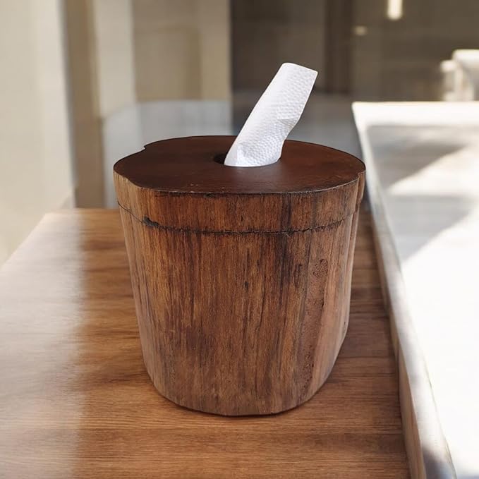 Teak Altholz Tuchbox - Schachtel in rustikaler oder thailändischer Optik in verschiedenen Größen und Mustern - Massivholz Schatulle auch als Schmuckkästchen geeignet (Teak Baumstamm Tuchbox)