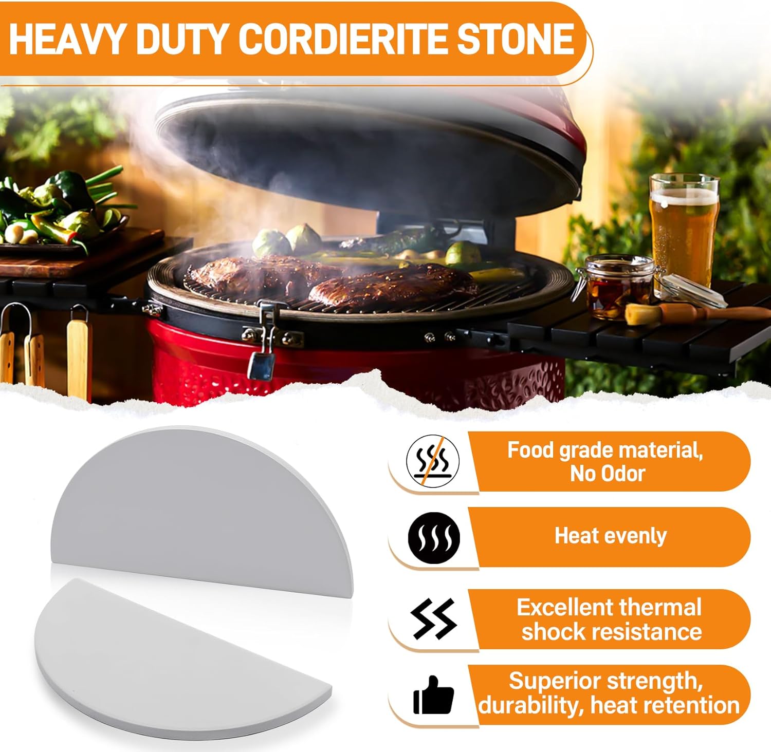 Half-Moon Heat Deflector Plates for Kamado Joe Classic I, II, III, Replacement Parts KJ-HDP Indirect Cooking Cordierite Heat Deflector Plates Accessories for Kamado Joe 18" Grill Smoker, White 2-Pack