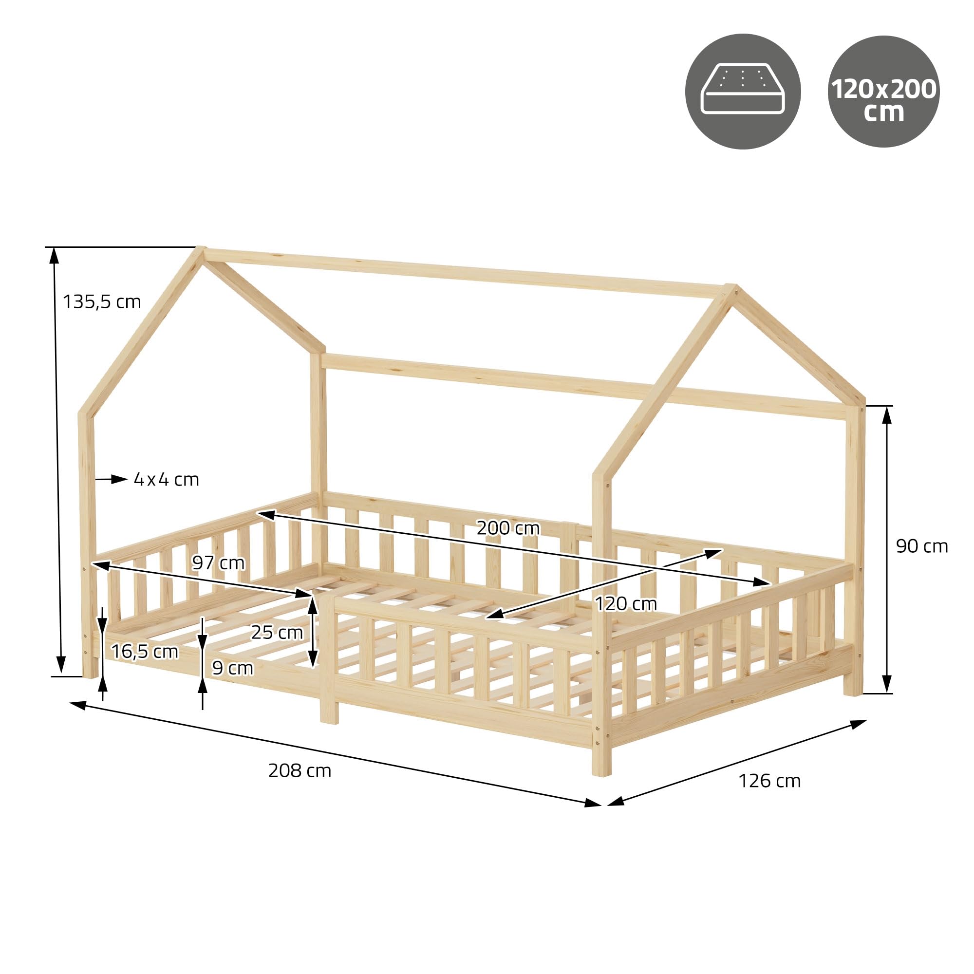 ML-Design Letto a Casetta per Bambini 120x200 cm con Protezione Anticaduta, Tetto e Rete a Doghe, Naturale, Letto a Terra Montessori in Legno Massello di Pino, Letto Singolo per Cameretta