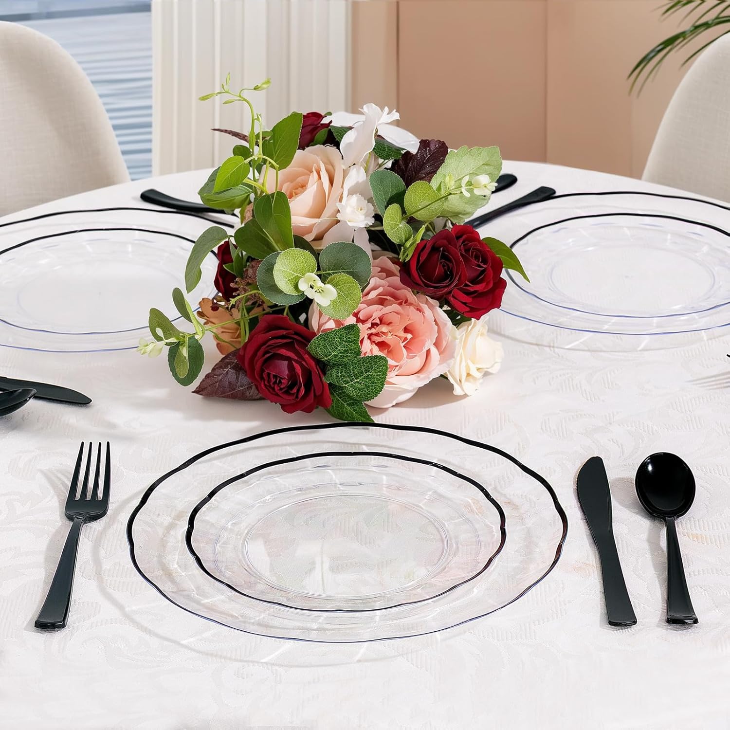 supernal 60pcs Clear and Black Plastic Plates New Fancy Scalloped Plates Disposable Heavy Duty Disposable Dinnerware Include 30 Dessert Plate & Dinner Plate for Valentine's Day Easter and Party