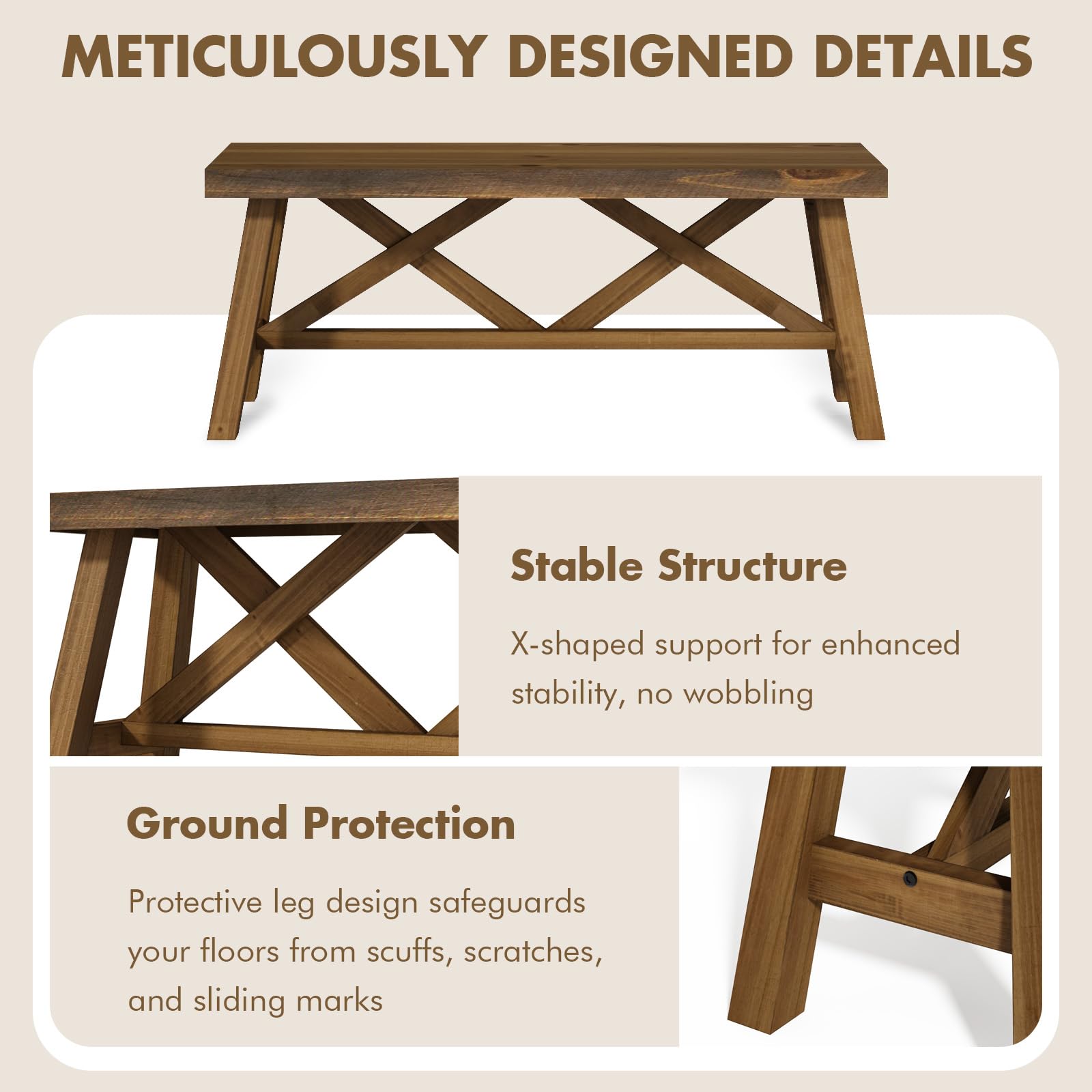 Wnutrees 43" Farmhouse Solid Wood Bench, Rustic Entryway Bench, Natural | Double X-Structure Dining Seat for End of Bed, Living Room, Hallway, Structural Stability, Rustic Decor