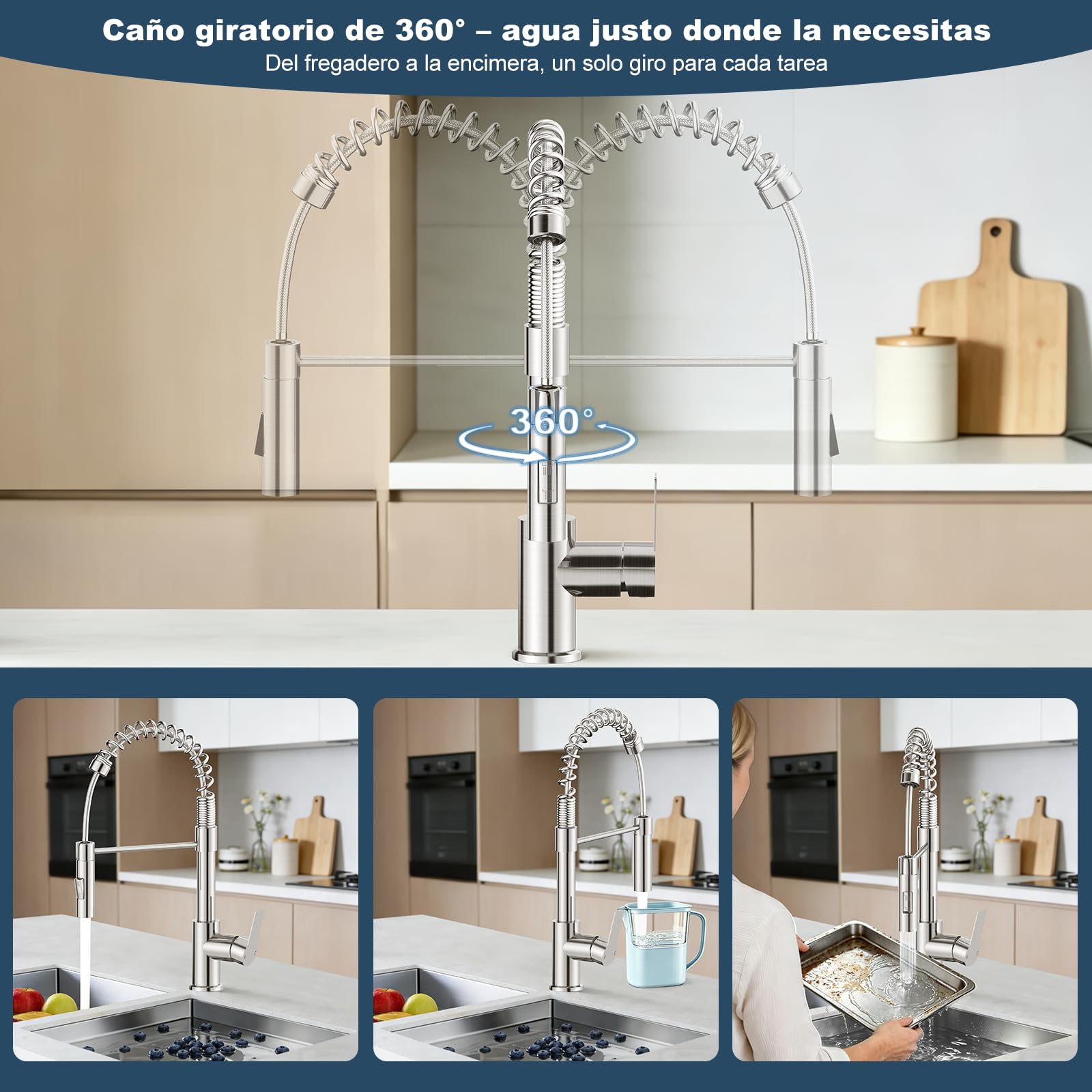 Grifo Cocina Extraible, Lagontap Elegante Grifos Extensible Cocina con 2 Modos de Salida de Agua, Grifo Cocina Fregadero Monomando Giratorio de 360°y de Arco Alto, Acero Inoxidable Cepillado