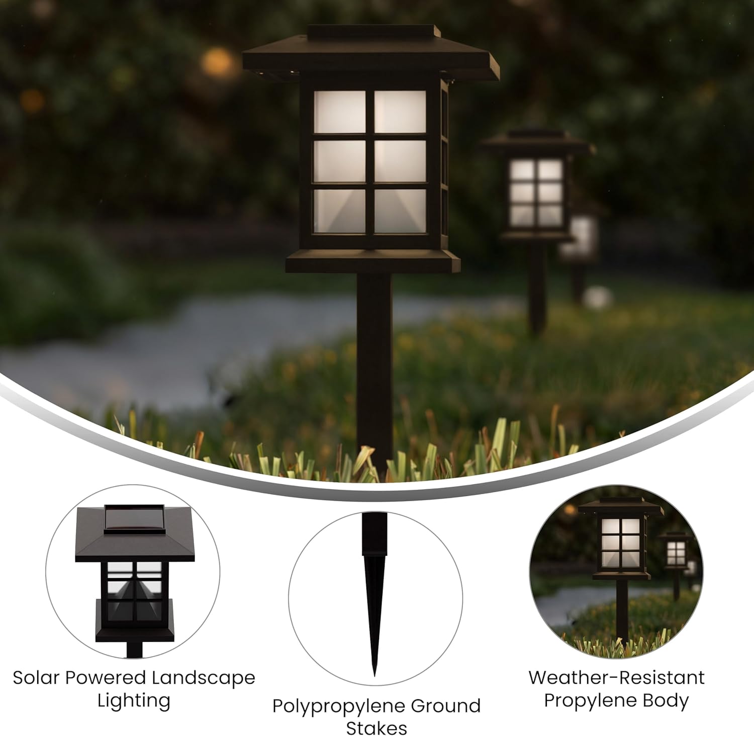 Flash Furniture Halsey 8 Pack Lantern Style LED Solar Lights - All-Weather Brown Outdoor Solar Powered Lights - Landscape Lighting for Pathway, Garden, & Yard