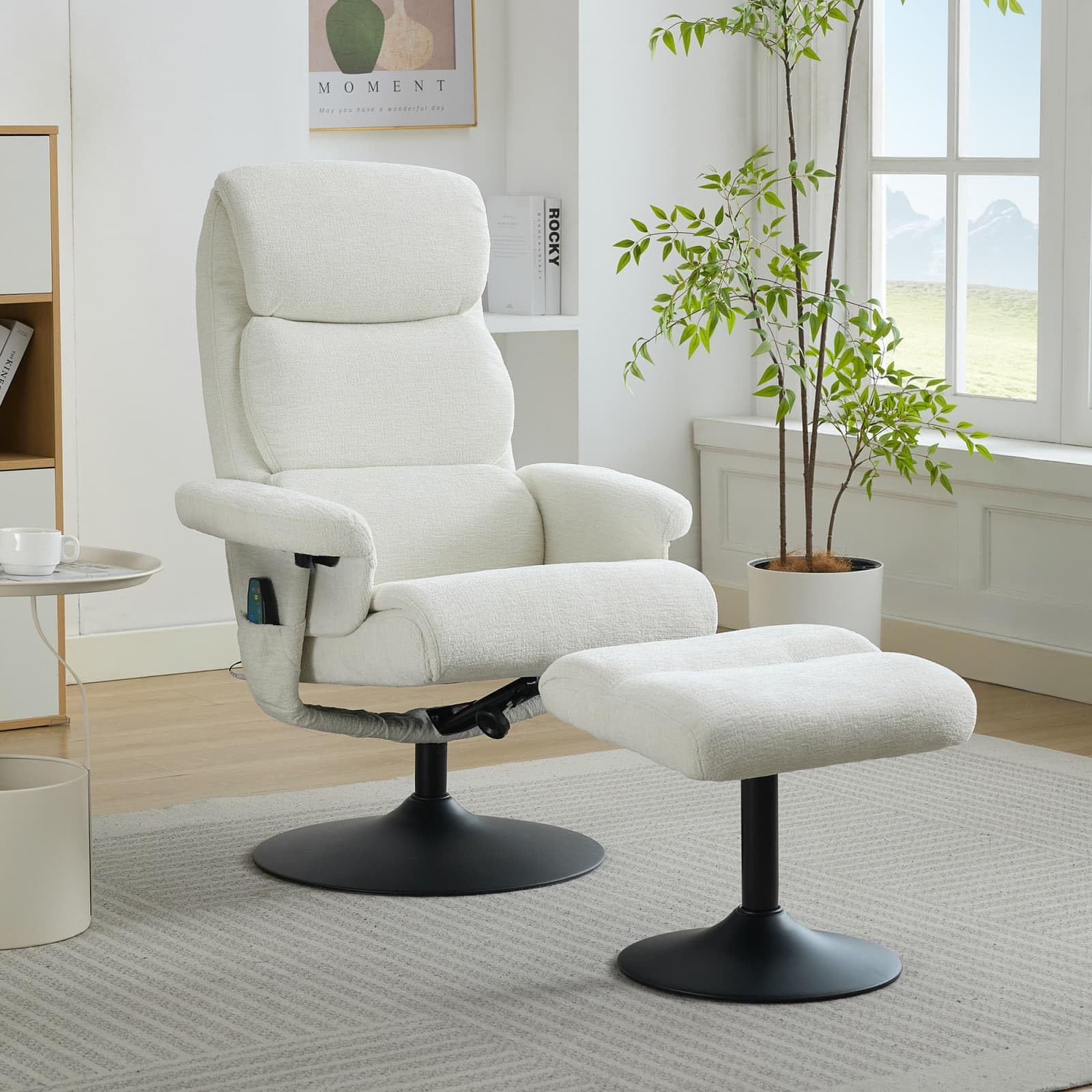 Sweiko Fauteuil de Massage Pivotant à 360° avec Fonction Inclinable et Chauffante, Fauteuil TV Relax avec Repose-Pieds, Revêtement en PU (White + Chenille + Foam)
