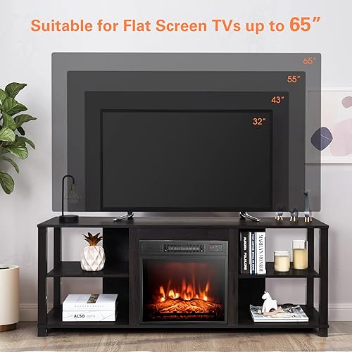 Miniatura 2 de SIMOE Soporte de TV con chimenea de 59 pulgadas, soporte de TV con chimenea eléctrica de 1400 W para TV de hasta 65 pulgadas, chimenea eléctrica