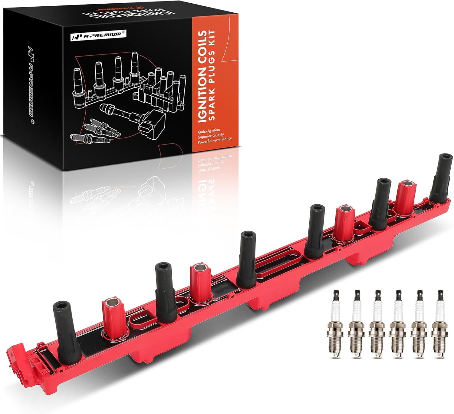 A-Premium (Red) 1x Ignition Coil Pack and 6x Iridium Spark Plugs Compatible with Jeep WJ Series Grand Cherokee 2000-2004, TJ Series Wrangler 2000-2006, TJ 2000-2006, XJ Series Cherokee 2000-2001, 4.0L