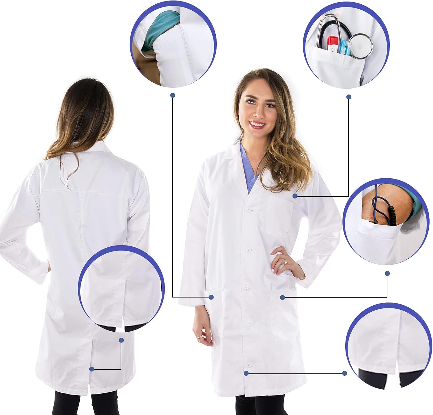 NY Threads Professional [White/Black] Lab Coat for Women, Full Sleeve Poly Cotton Long Medical Coat (2XS-3XL): Clothing, Shoes & Jewelry