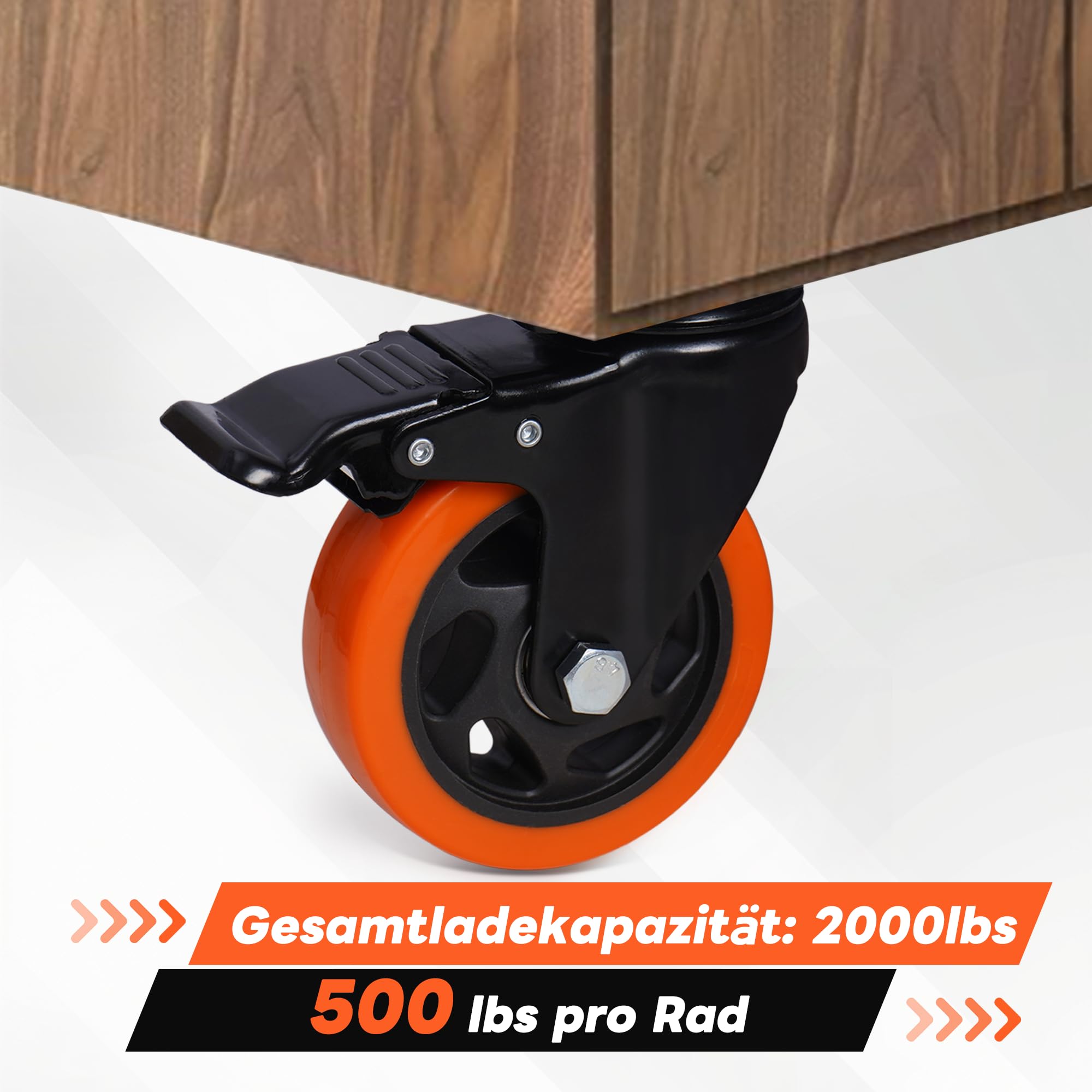 Nisorpa 4 Stück Lenkrollen 100mm mit Bremse bis 1000kg 360°Rotating Polyurethan Möbelrollen Orange Schwerlastrollen Rollen Schwerlast mit Doppeltes Schloss Transportrollen 100mm für Wagen