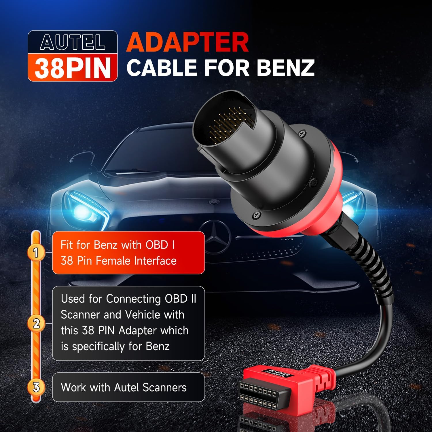 Autel Original BENZ-38 PIN Adapter, 38 Pin Male to 16 Pin Female OBDII Connector Compatible with Mercedes-Benz Pre-2001, Work with OBD2 Diagnostic Scan Tool OBD II Scanner