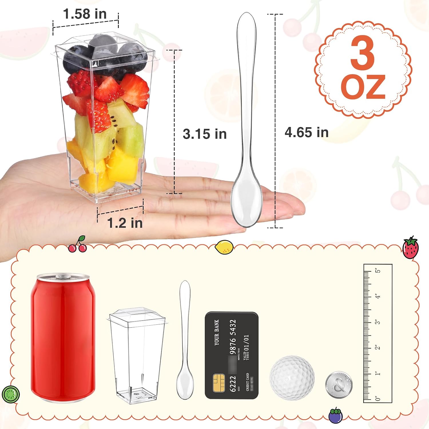 eupako 3 oz plastic dessert shooter cups with lids - 100 pack mini clear square appetizer cup, small dessert cup for jello shots, parfait, puddings, mousse clear square - 3 oz - 100 set