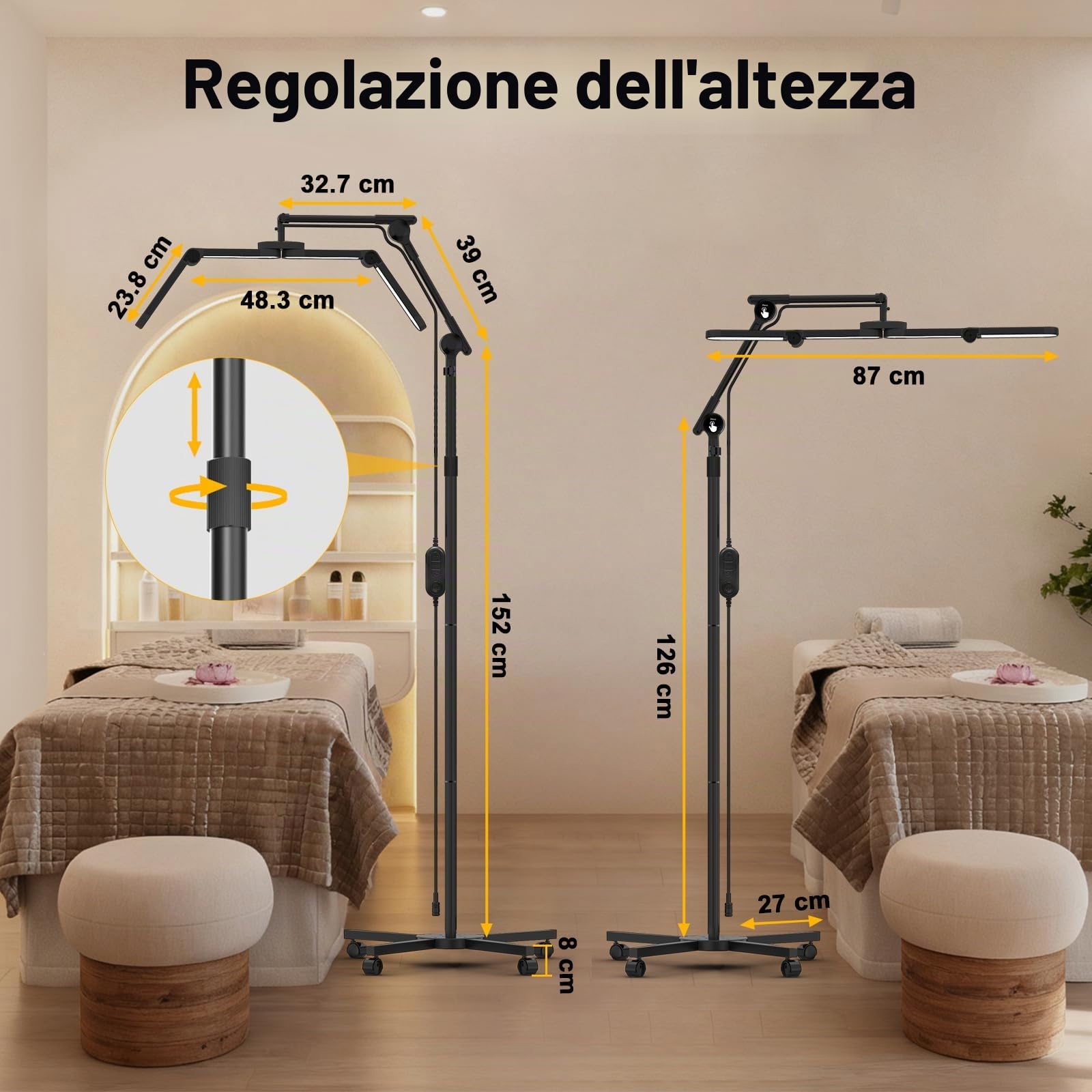 CGBE Lampada Extension Ciglia da Terra: Ultra-Larga Pieghevole Lampada Ciglia con Testa Rotabile a 360° - Base Mobile - Altezza Regolabili - Luce Estetista con Porta Cellulare per Ciglia/Tatuaggi