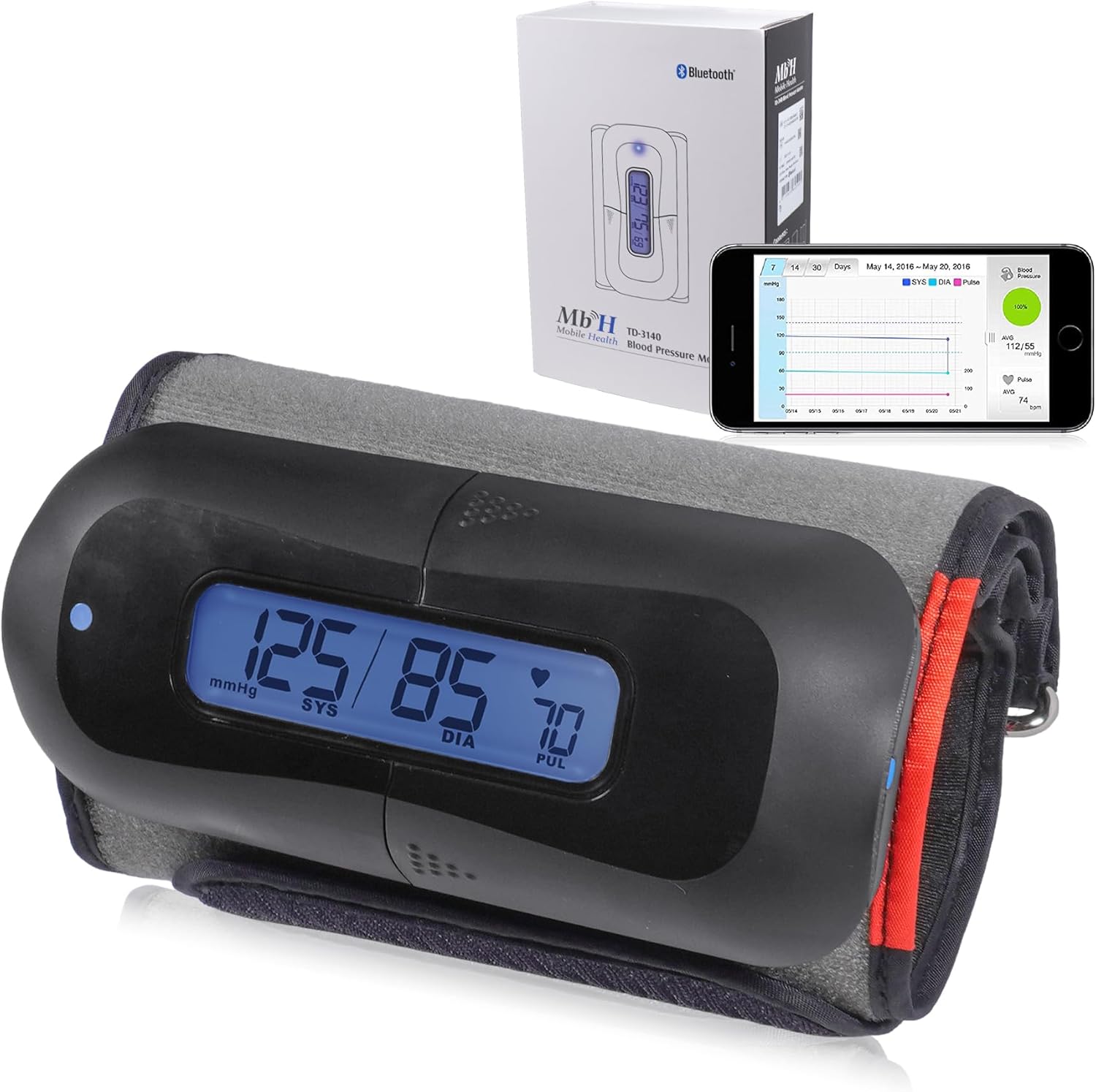 MbH Bluetooth Blood Pressure Monitor- Wireless Upper Arm Cuff BP Monitor for Home Use, IHB and AF Detection, Ultra-Light and Portable, Includes App for iOS & Android