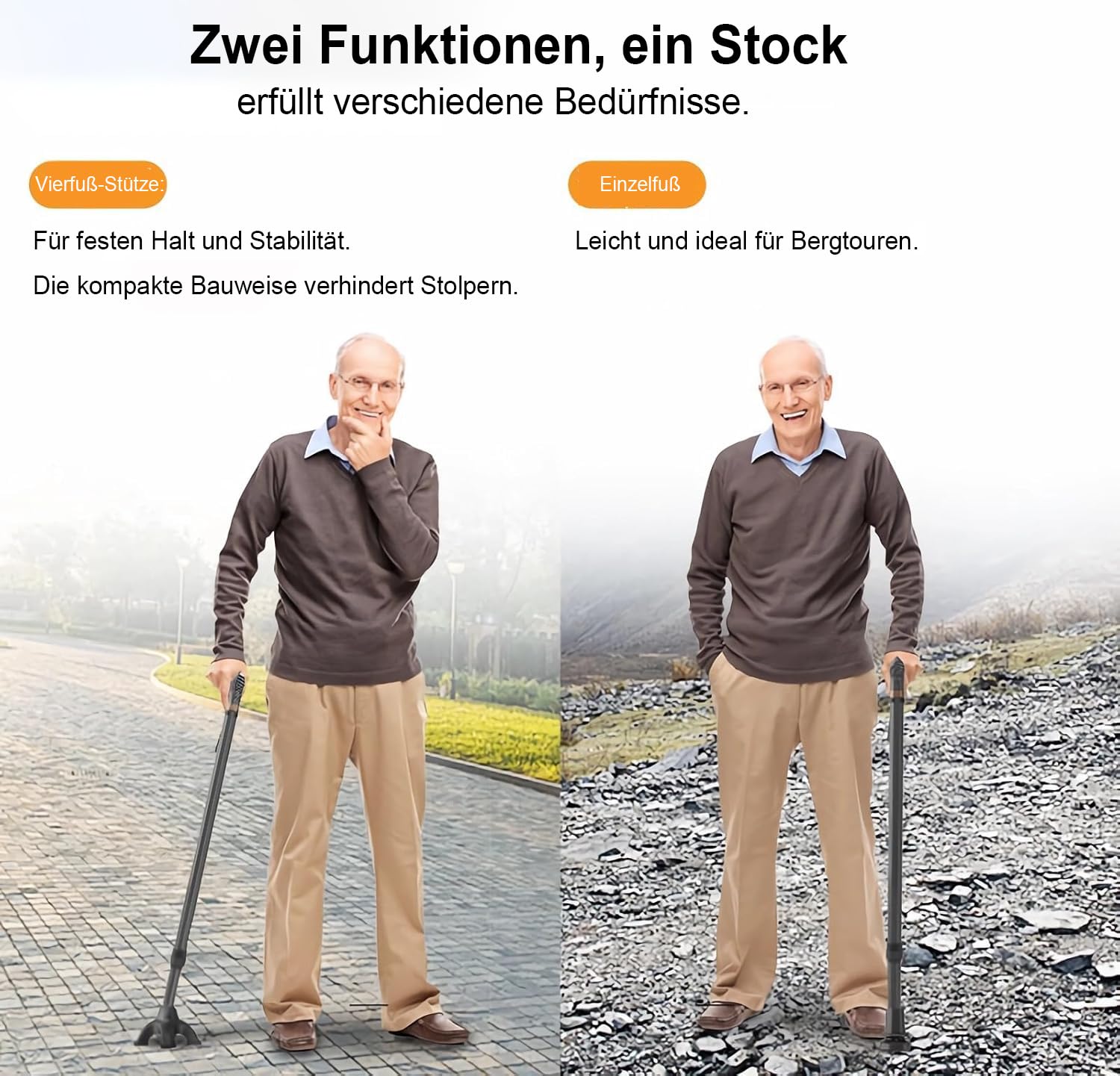 Faltbarer Aluminium Gehstock mit 2 Basen 10-stufig verstellbar 62–97cm | Zusammenklappbarer Gehstock für Senioren Erwachsene mit Doppelboden 100kg Tragkraft, ergonomischer Griff & Handgelenksband