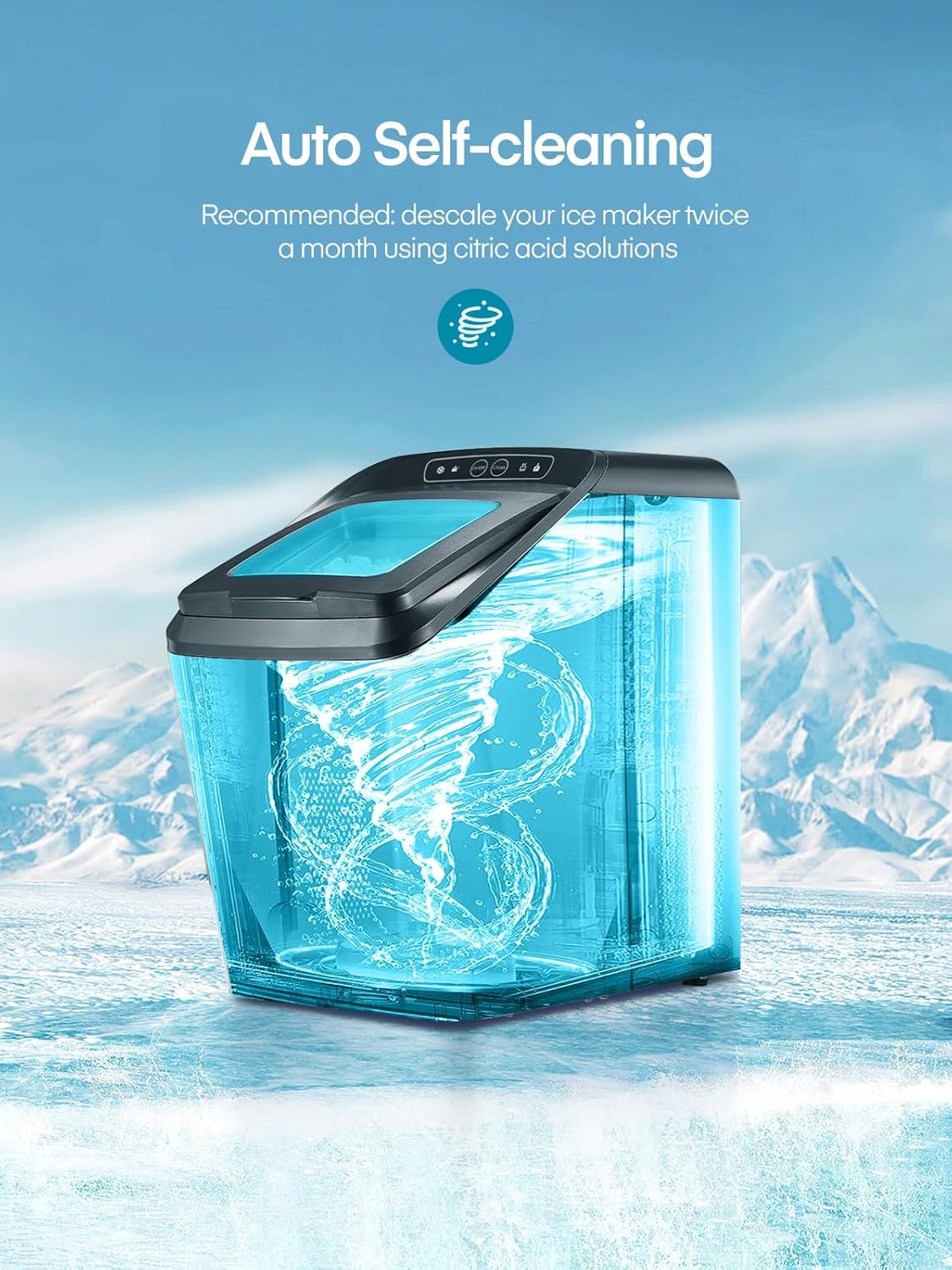 Graphic showing the auto self-cleaning function of the ice maker with water swirling inside.
