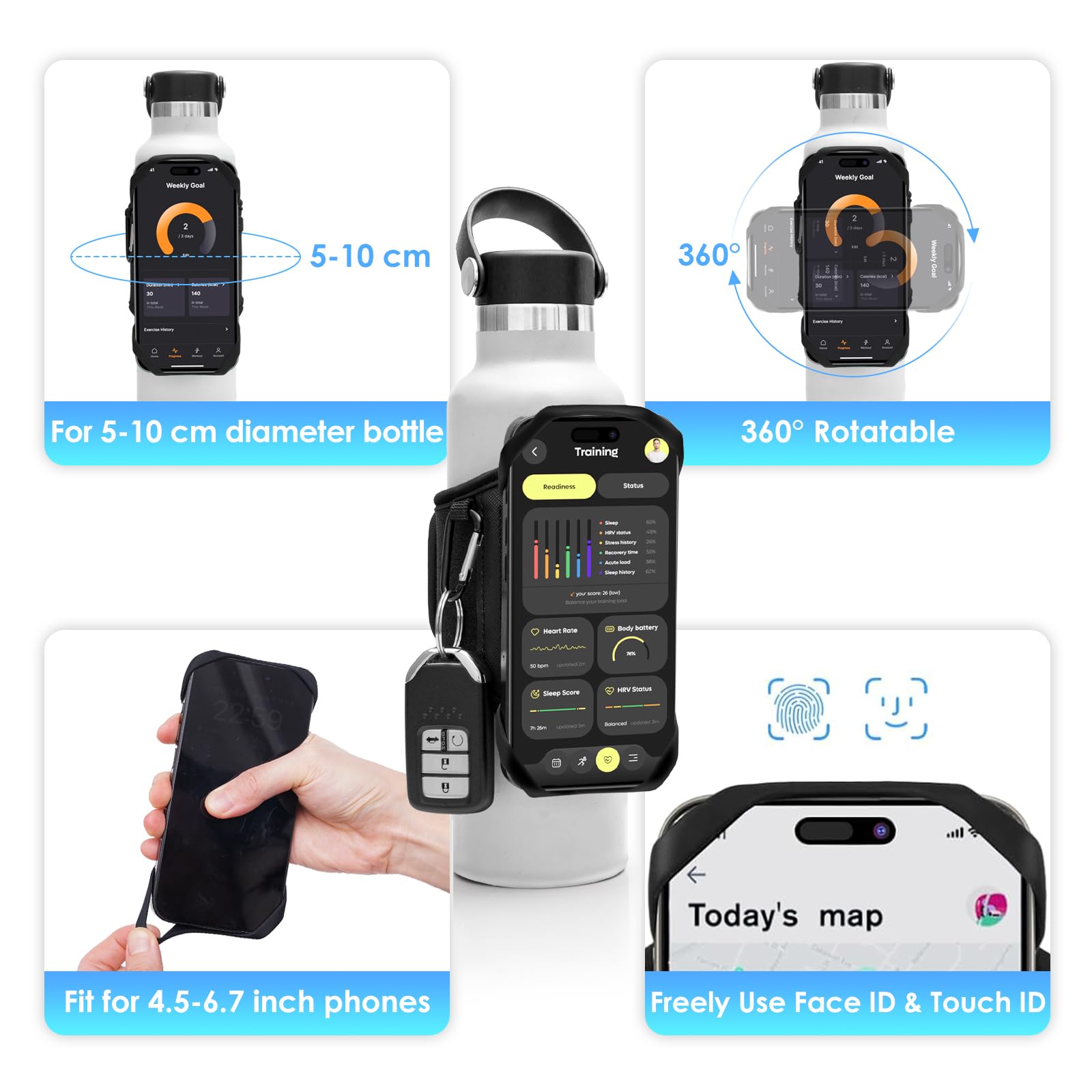 Cikyner Cinghia per Bottiglia d'Acqua, Porta Bottiglia d'Acqua per Telefono Cellulare, Accessori da Palestra Rimovibili e Girevoli a 360° per Telefono da 4,5-7'' e Bottiglie da Diametri 5-9cm