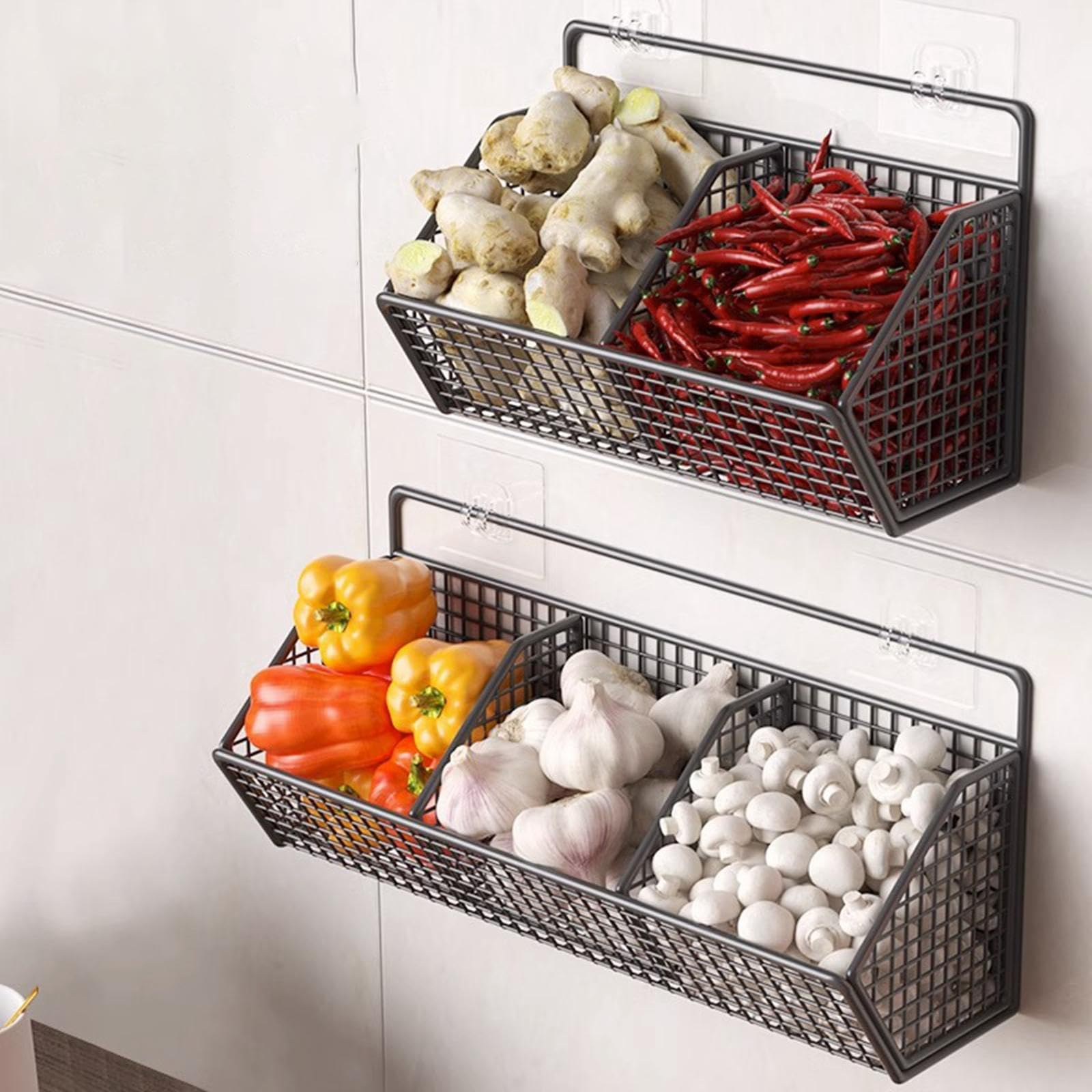 Cesta de frutas de metal rústica montada en la pared, alambre de 3 niveles para cocina, baño y sala de estar, elegante solución de almacenamiento, decoración decorativa del hogar