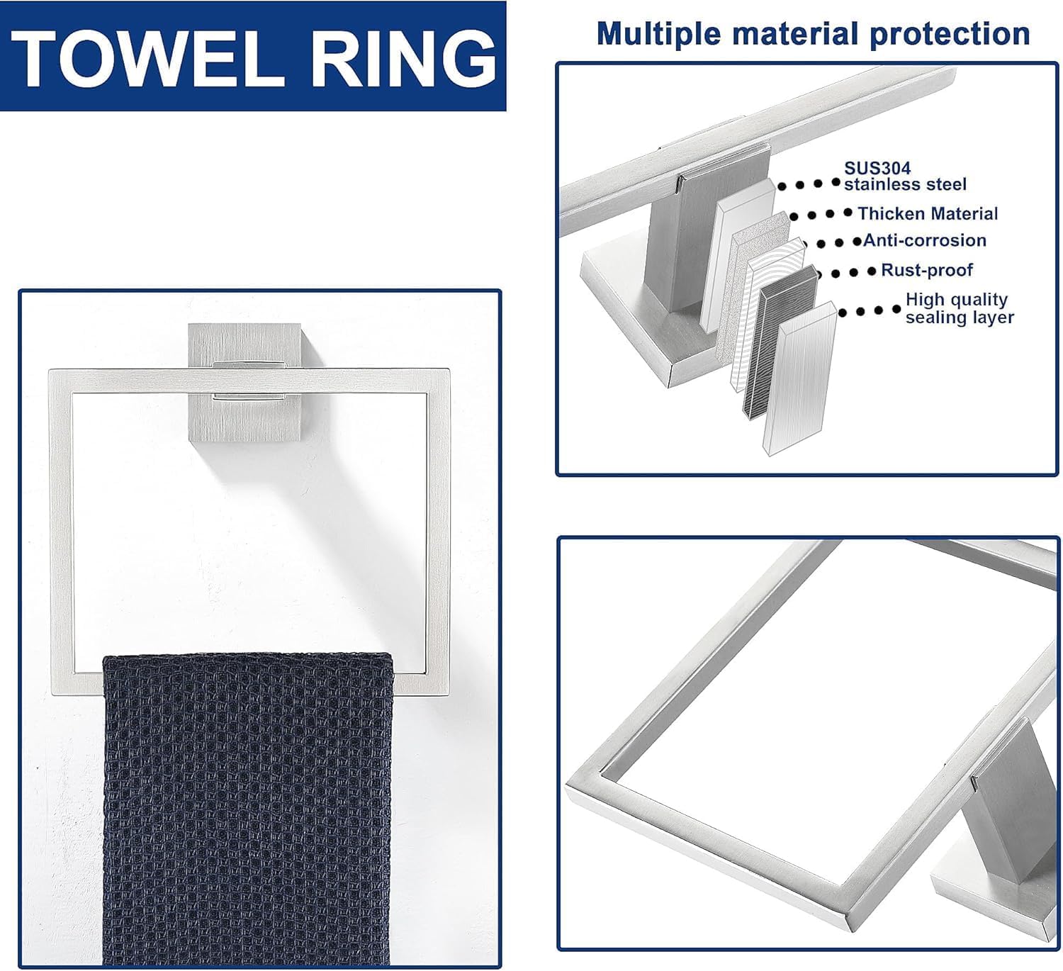 10 Pieces Bathroom Hardware Accessories Set Brushed Nickel, 16Inch Bathroom Towel Rack Set SUS304 Stainless Steel, Square Bath Towel bar Set Heavy Duty, Wall Mounted